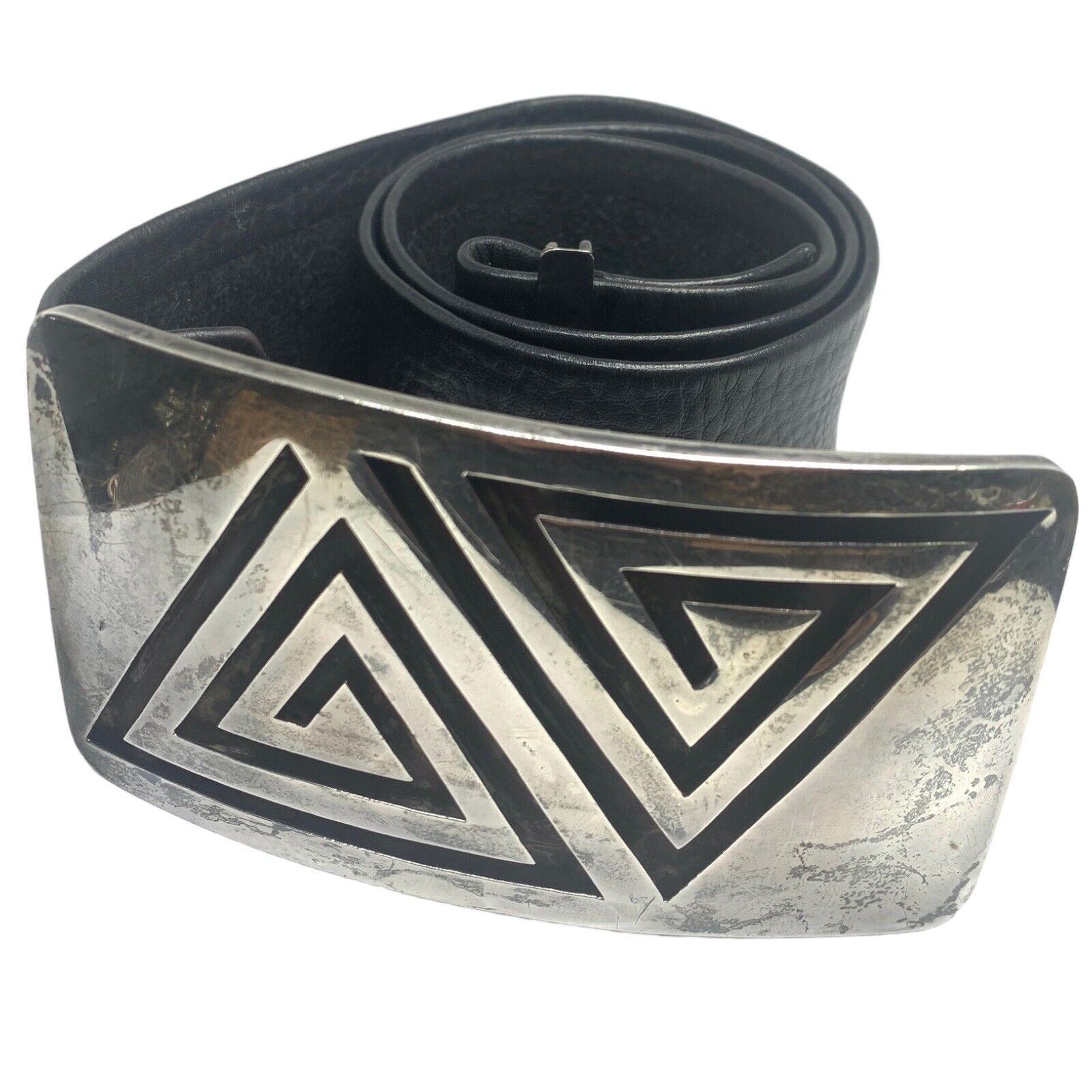 Vintage Garcia Hnos Taxco sterling silver 925 buckle belt black leather  31”