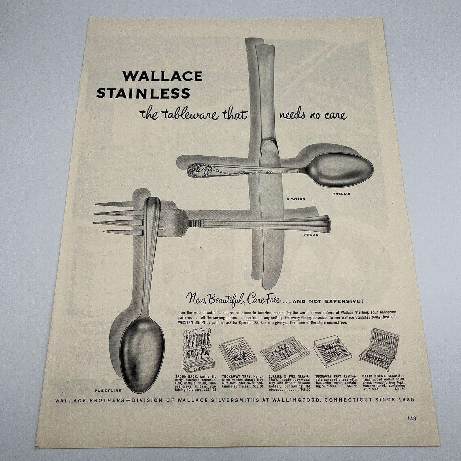 Wallace Stainless Tableware 1953 Vintage Print Ad 10x14\
