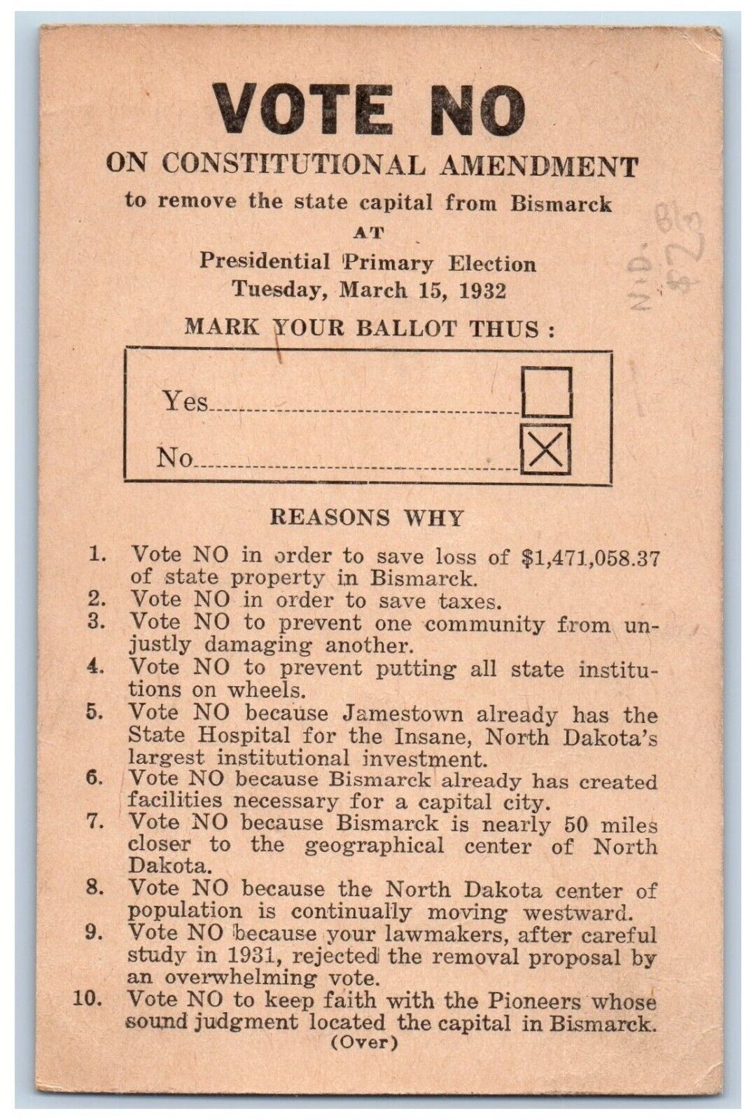Bismarck North Dakota ND Postcard Vote No Constitutional Amendment c1932 Vintage