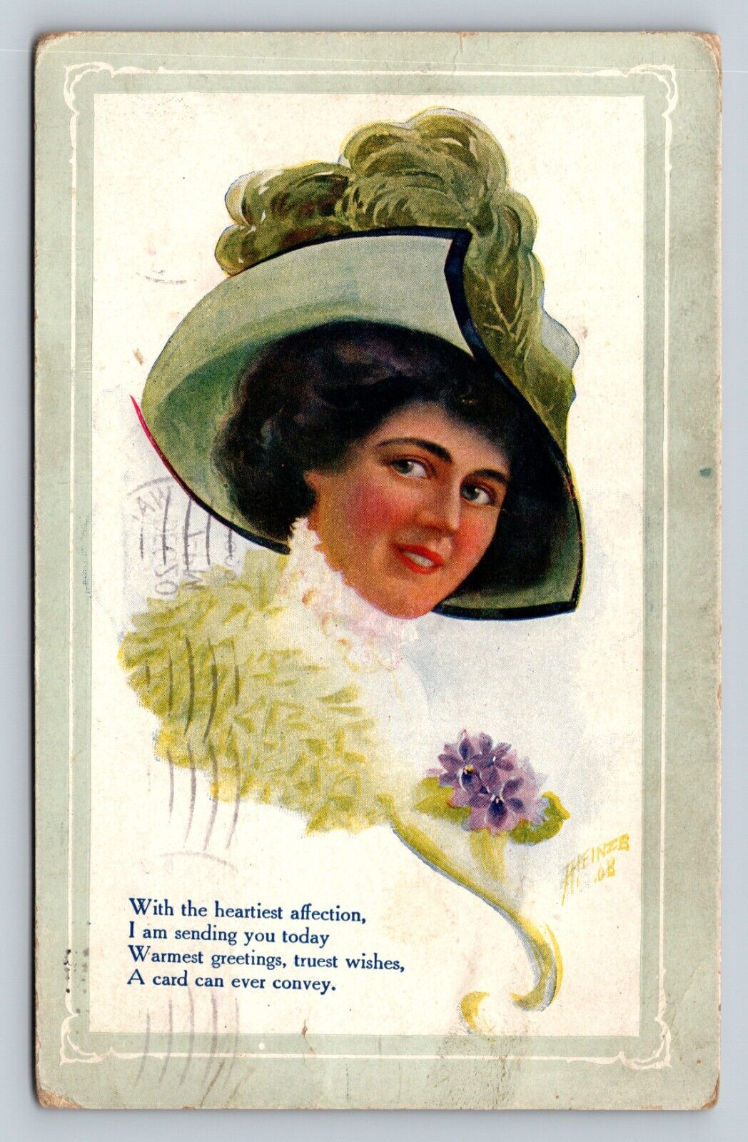 c1909 Lady in Hat with Flowers Warm Greetings ANTIQUE Postcard 1001
