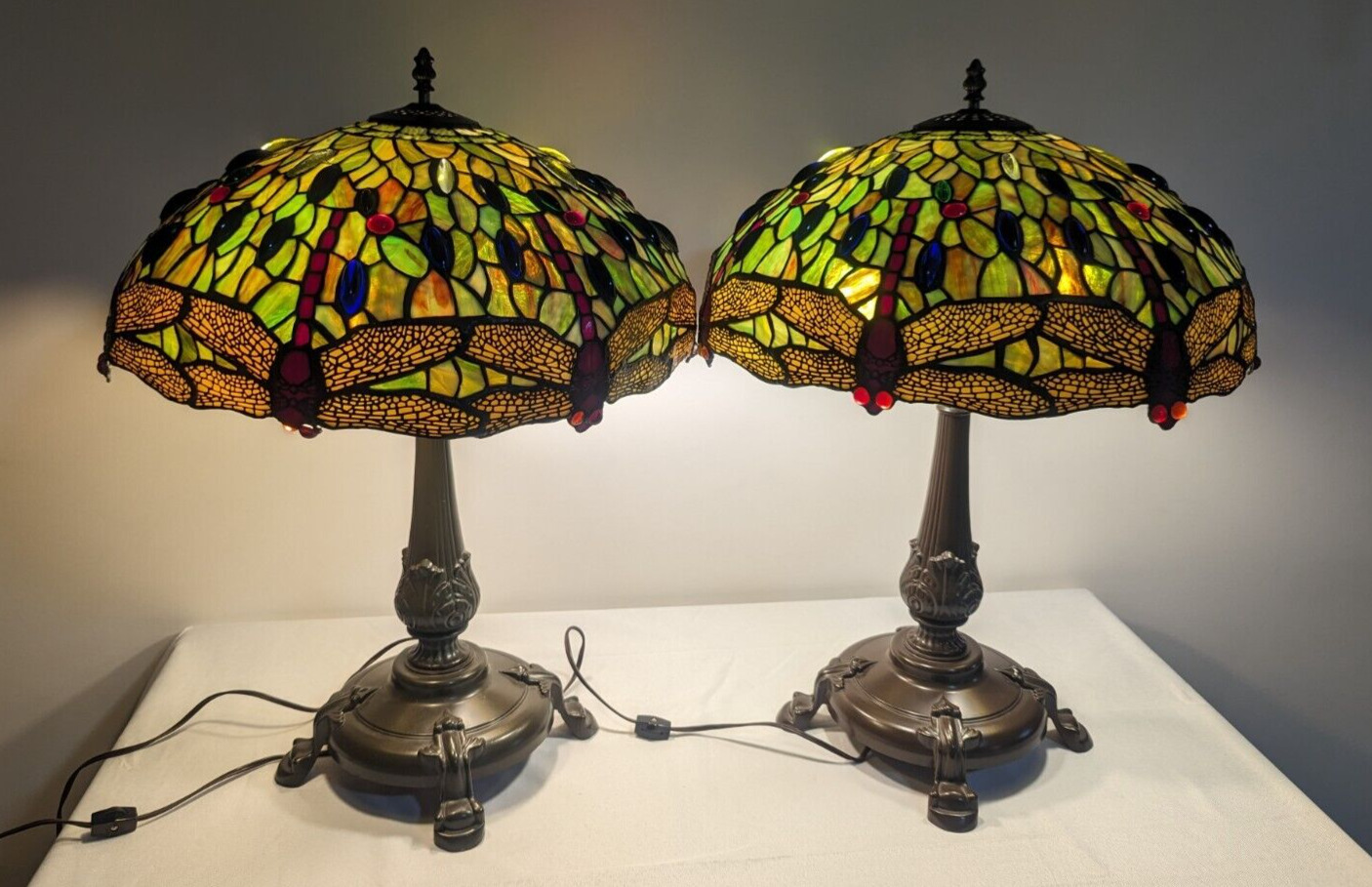 Pair of Vintage Dragonfly Tiffany Style Stained Glass Lamps