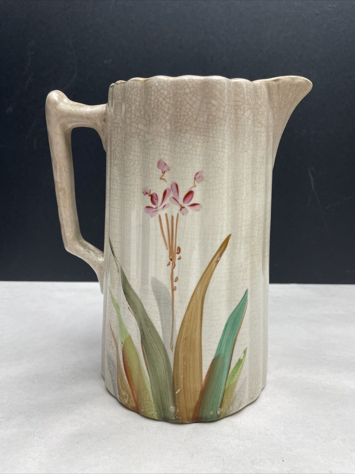 Early Unmarked American Hand Painted Floral Stoneware Jug Vase Pitcher Pottery