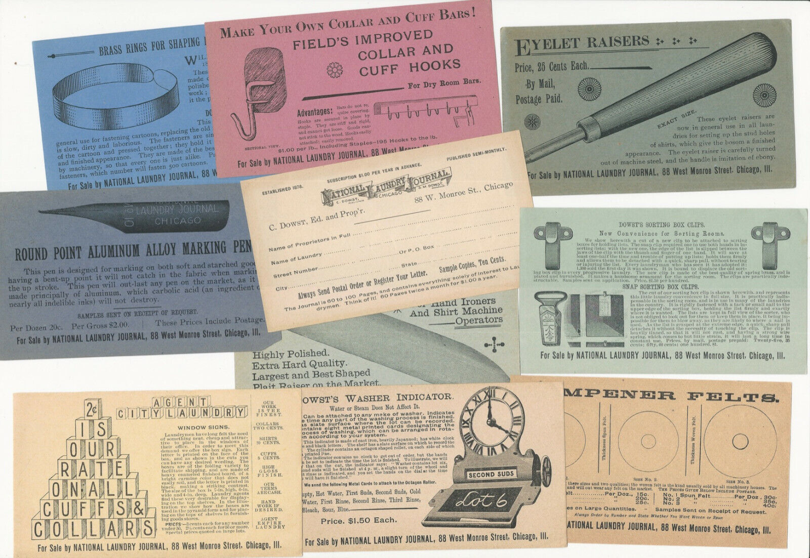 National Laundry Journal  -Ten 1890s Advertising Handbills Clothes Washing Tools