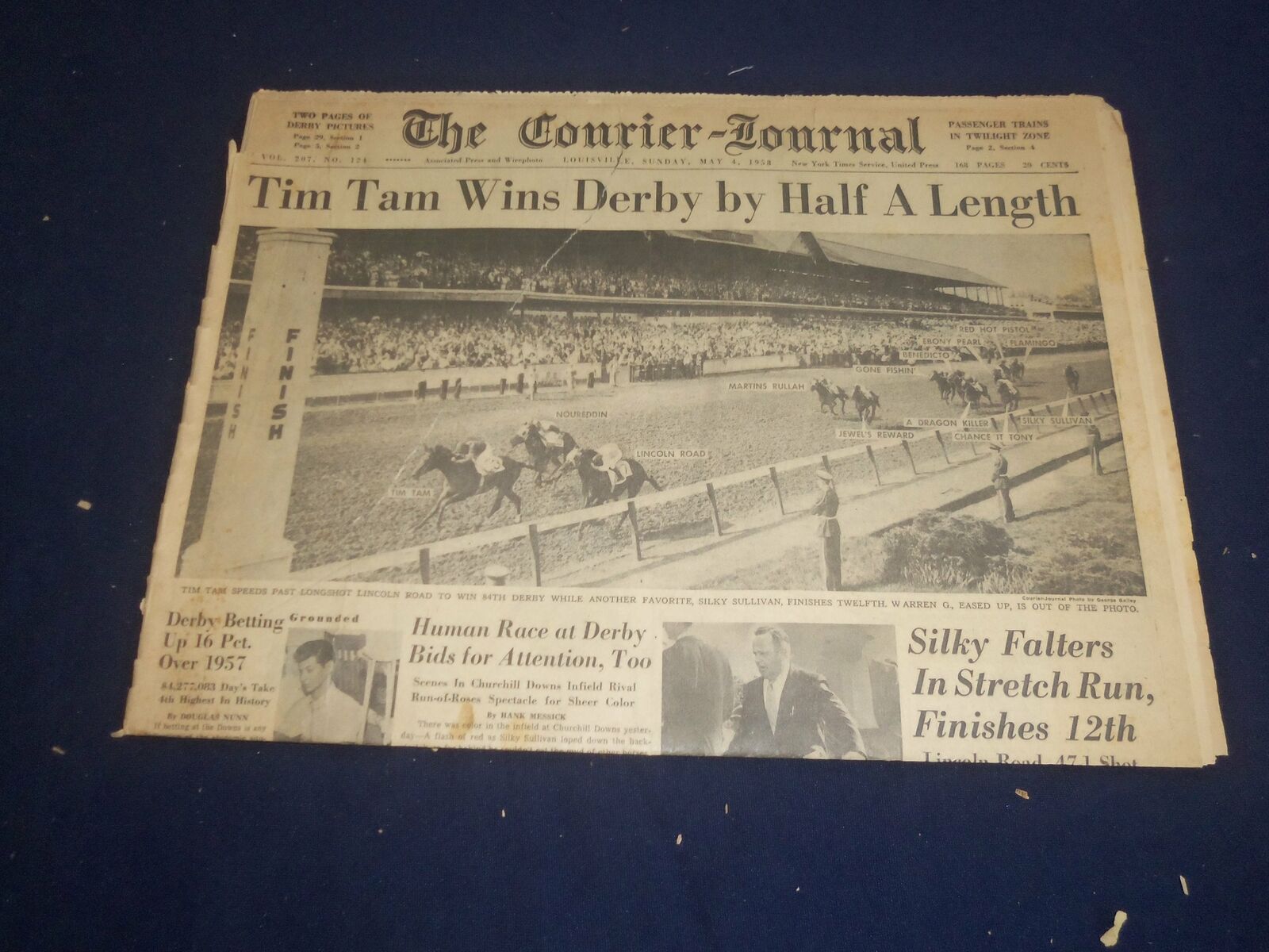 1958 MAY 4 THE COURIER-JOURNAL NEWSPAPER - TIM TAM WINS KENTUCKY DERBY - NP 5588