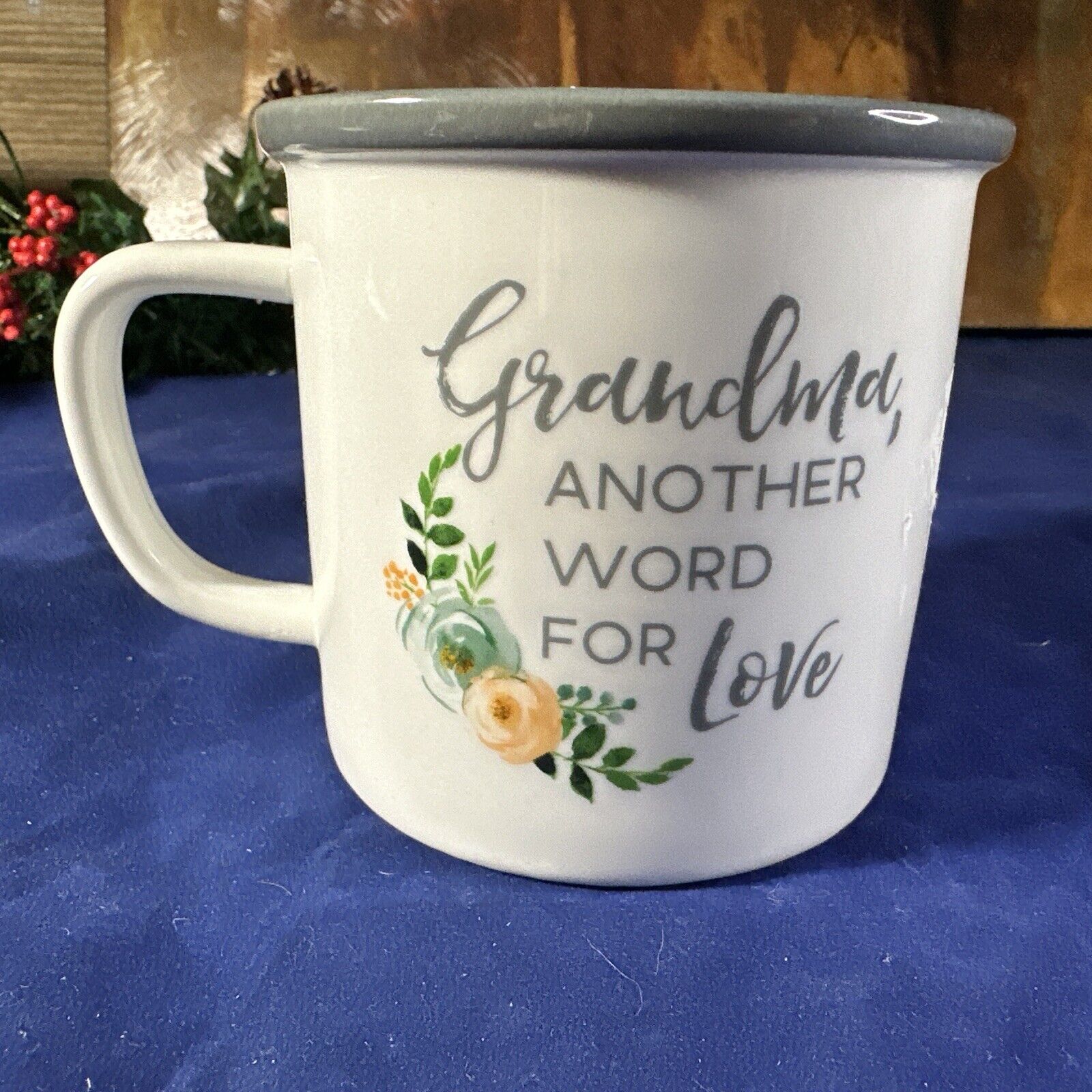 Collins Fresh “Grandma, Another Word For Love” Floral Gray Trim Camp Cup Shaped