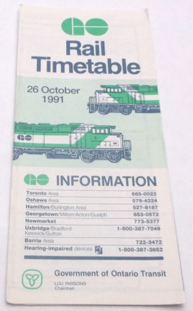 OCTOBER 1991 GO TRANSIT GO RAIL PUBLIC TIMETABLE
