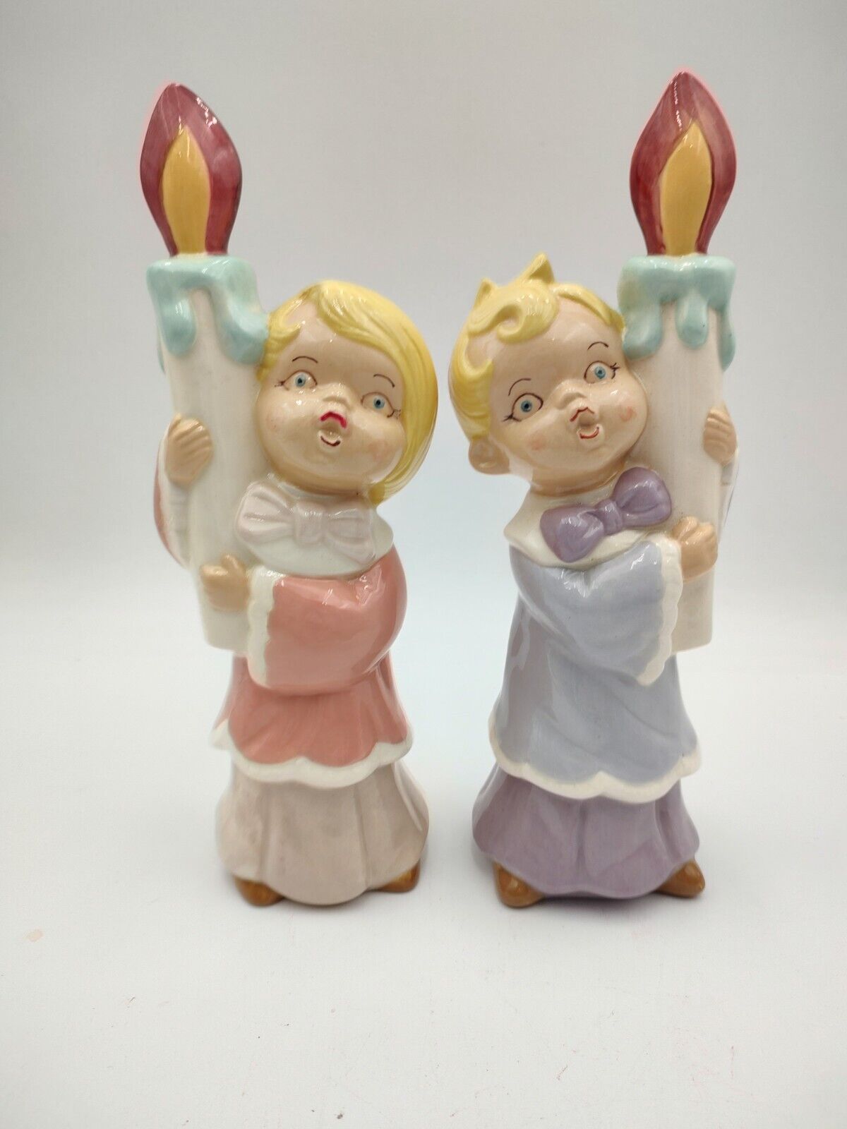 Pair Of Ceramic Hand Painted Carolers Holding Candle Boy Girl Blonde Hair