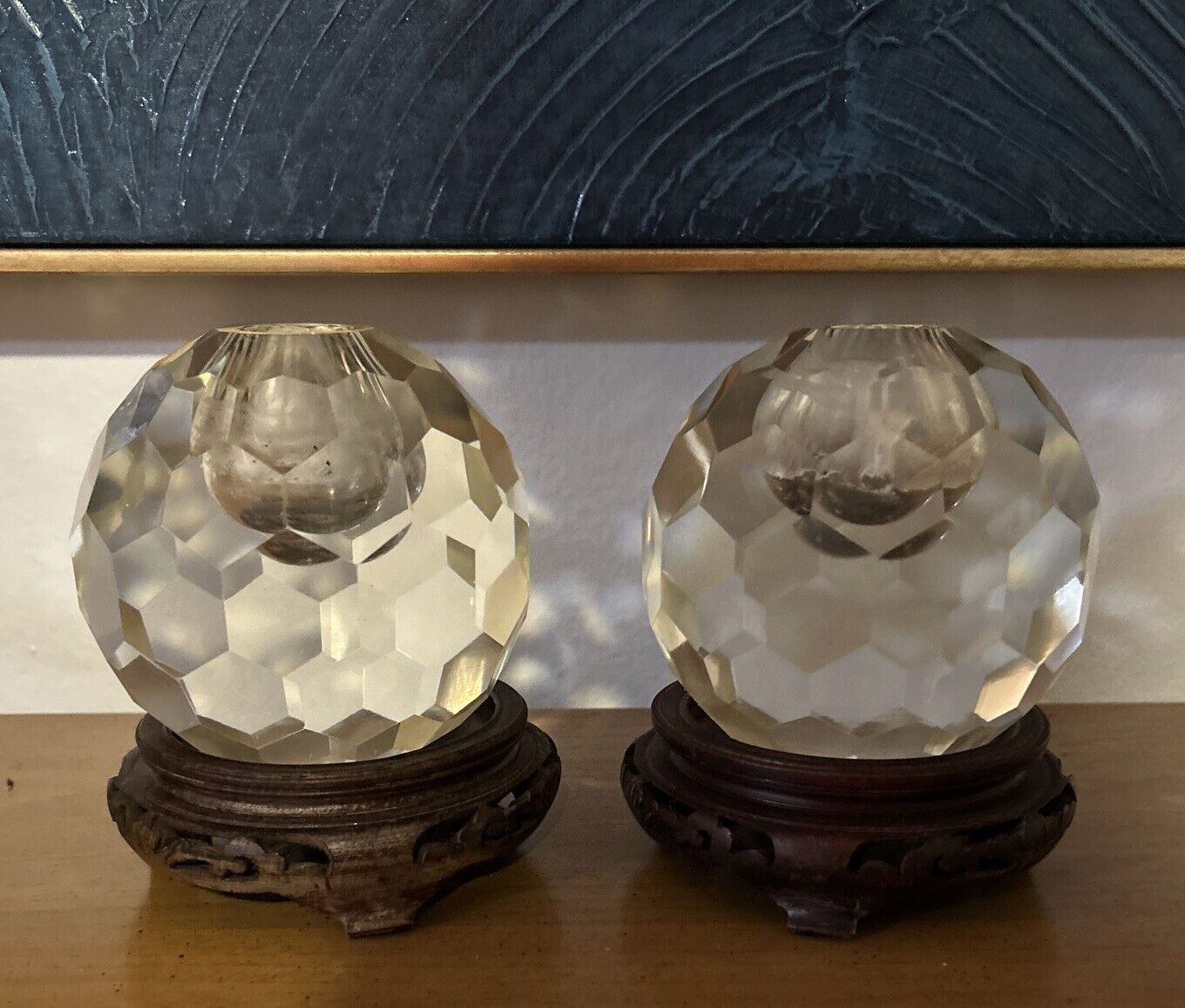 Art Deco Faceted Brilliant Cut Crystal Glass Ball Candle Holders Set w Stands 4”