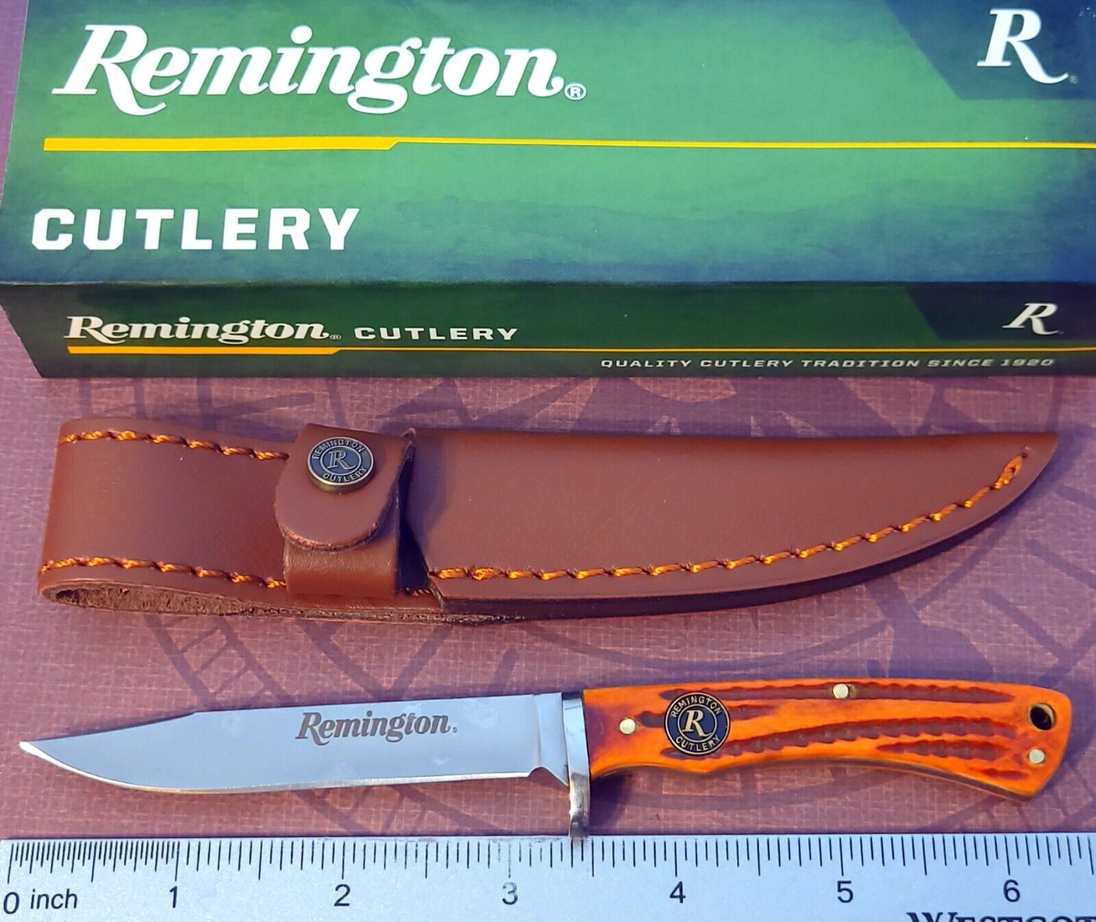 REMINGTON CUTLERY Knife With Leather Sheath Back Woods Skinner BONE Handle NIB