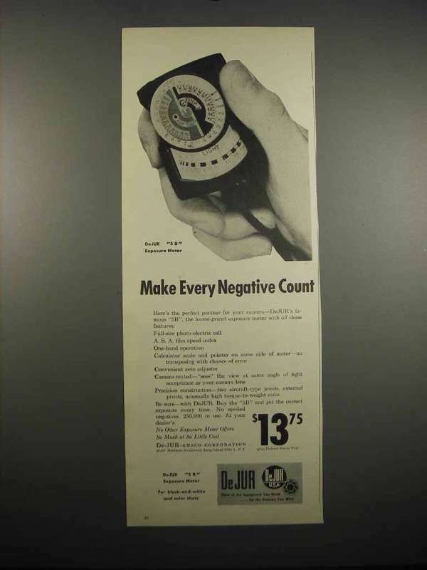 1947 DeJur 5B Exposure Meter Ad - Every Negative