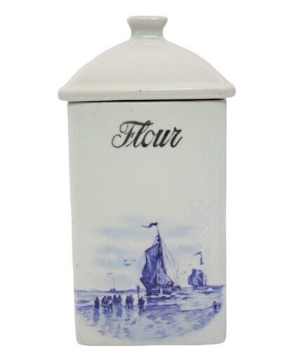 Vintage Hull Pottery Delft Ship Nautical Flour Canister With Lid 1930's