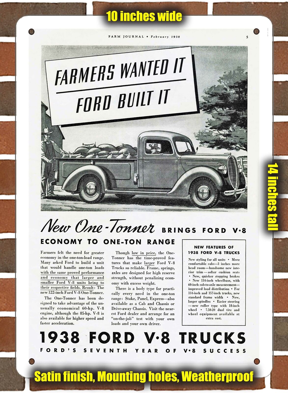 Metal Sign - 1938 Ford One-Tonner Pickup- 10x14 inches