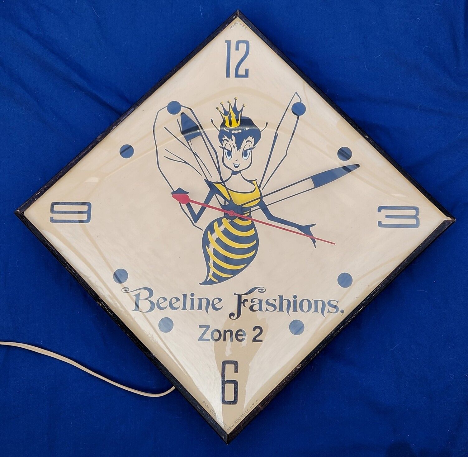 Rare Vintage Beeline Fashions Zone 2 Pam Electric Advertising Wall Clock Works