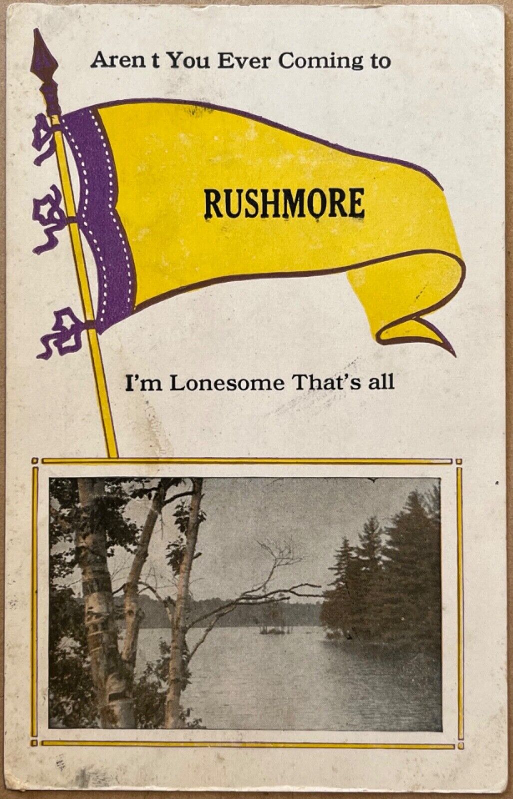 Rushmore Minnesota River Photo Pennant I’m Lonesome MN Vintage Postcard c1910