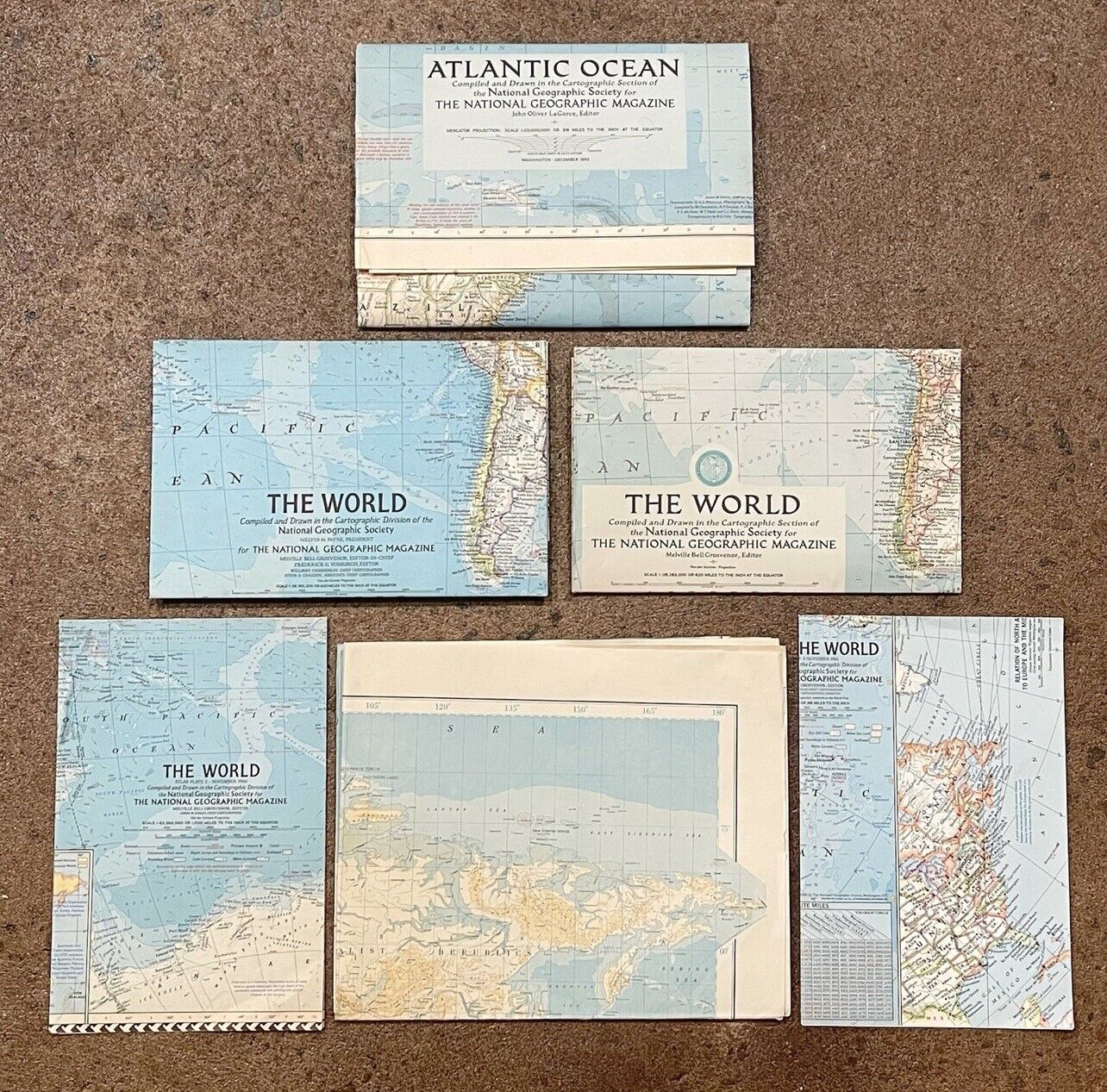 Vintage 1955 National Geographic Map LOT The World Atlantic Ocean Folded Maps