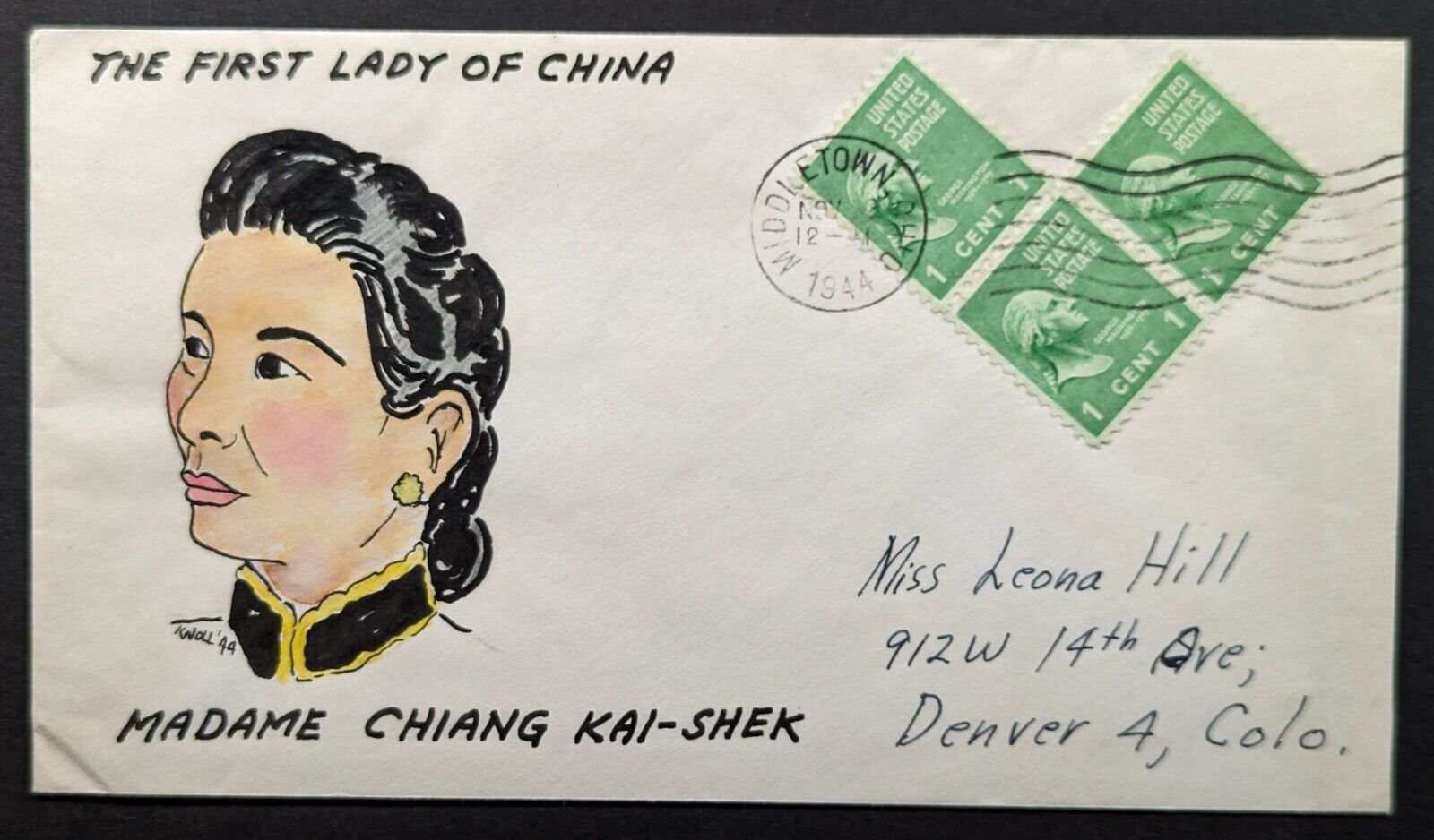China Lady Madame Chiang 1944 Military World War 2 Original Artwork Envelope