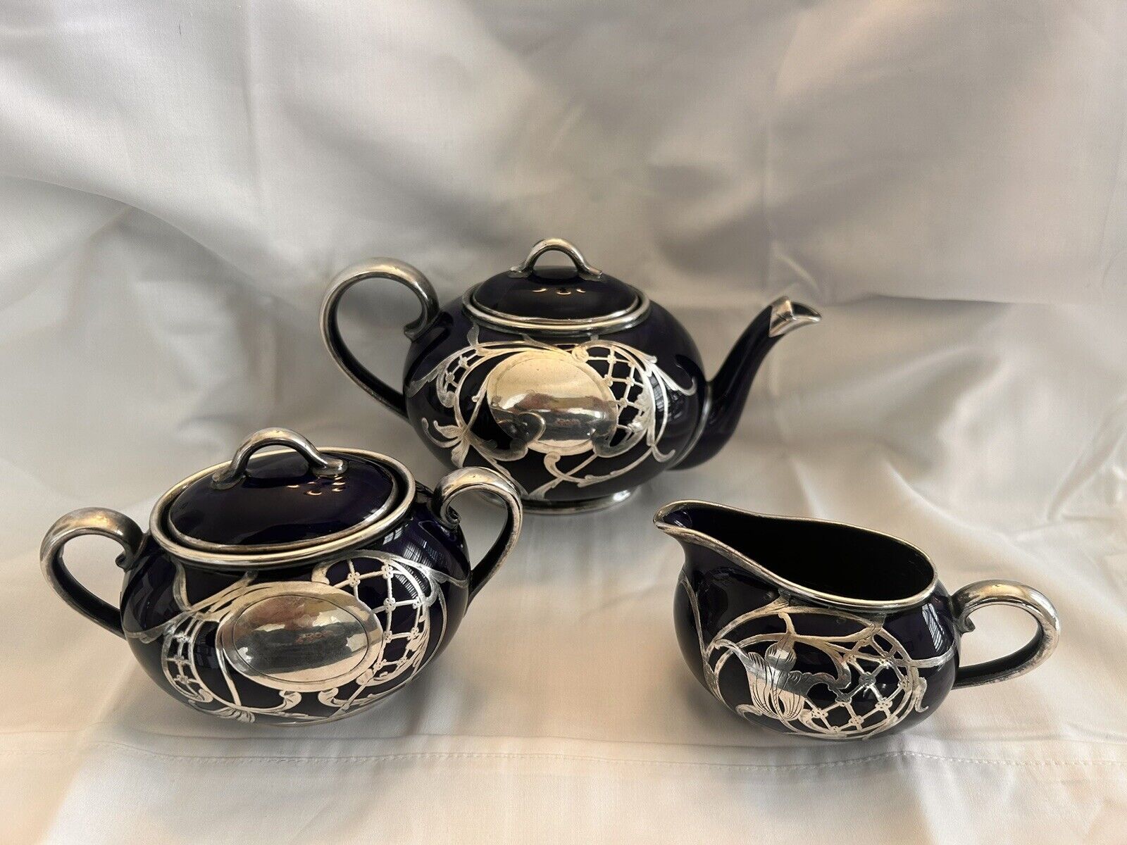 Vintage Blue Porcelain 3 Piece Tea Set with 2 Lids And Silver Overlay C. 1920s
