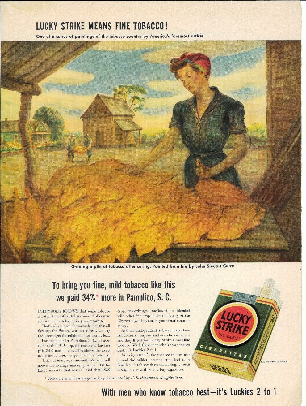 1942 LUCKY STRIKE Cigarettes Tobacco Farm Vintage Magazine Print Ad 10.25\