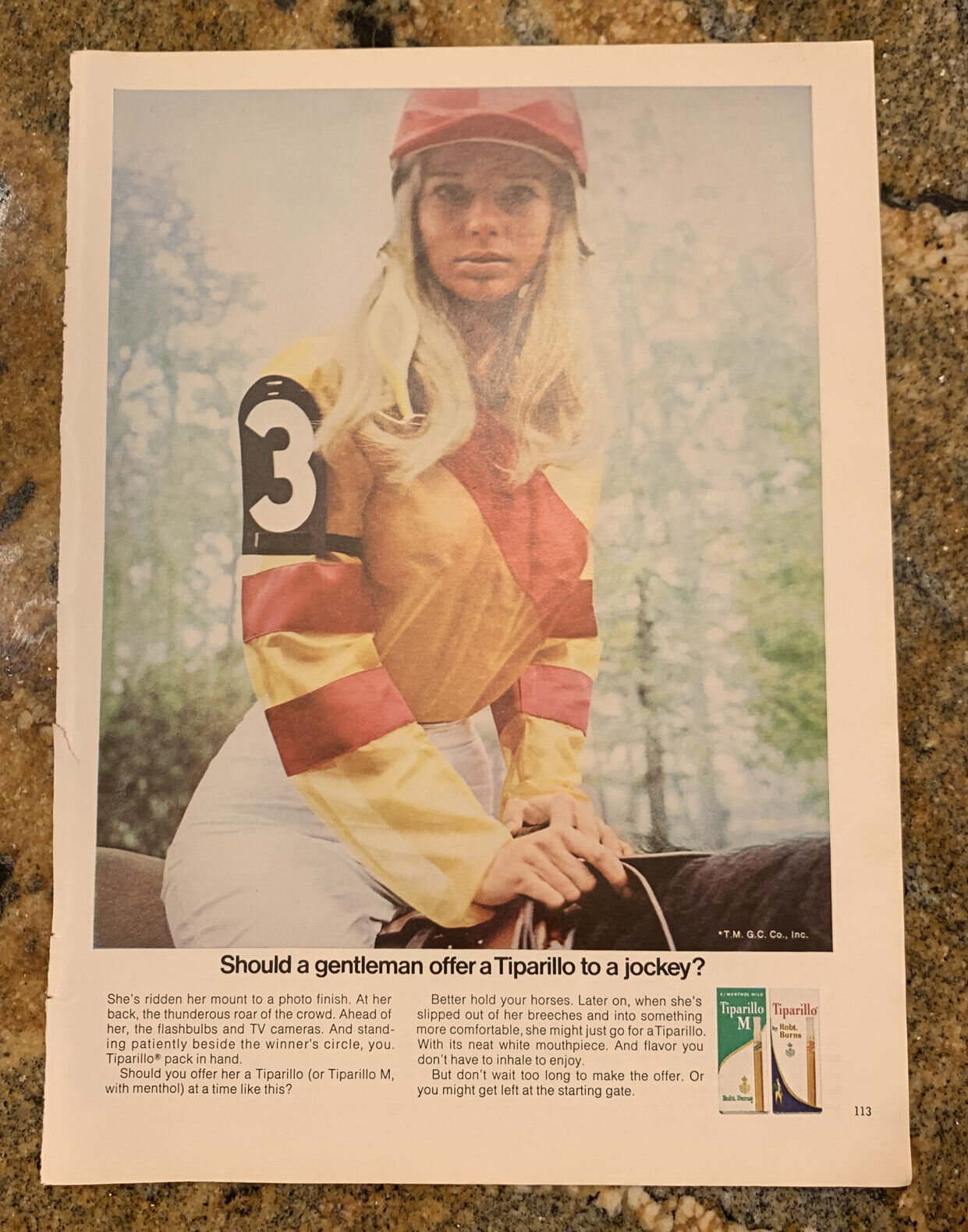 Vintage 1969 Tiparillo Cigar Print Ad Blonde Model Woman Jockey Horse Racing