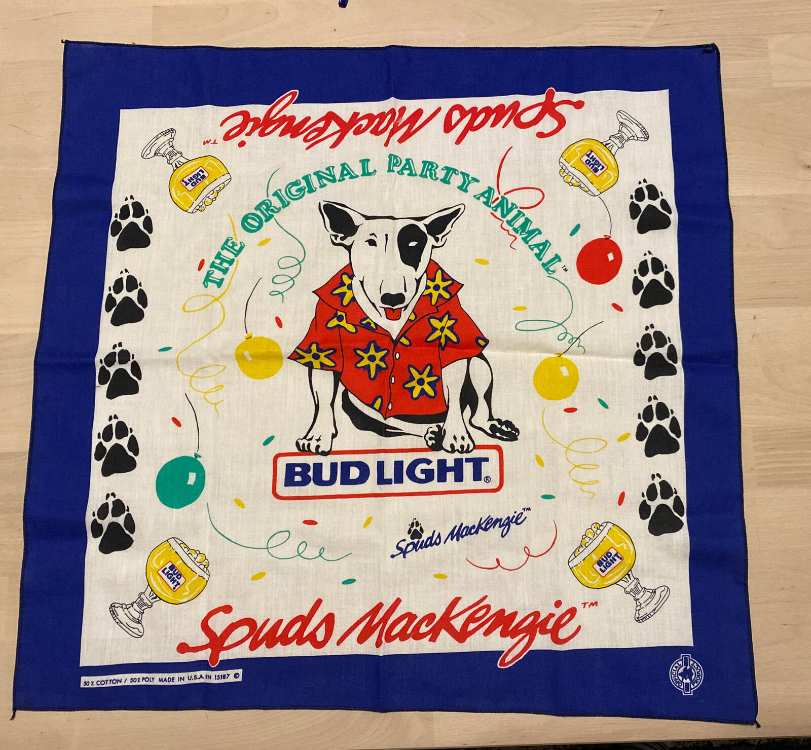 Vintage SPUDS MACKENZIE Blue Cotton Bud Light Beer Logo Bandana Handkerchief