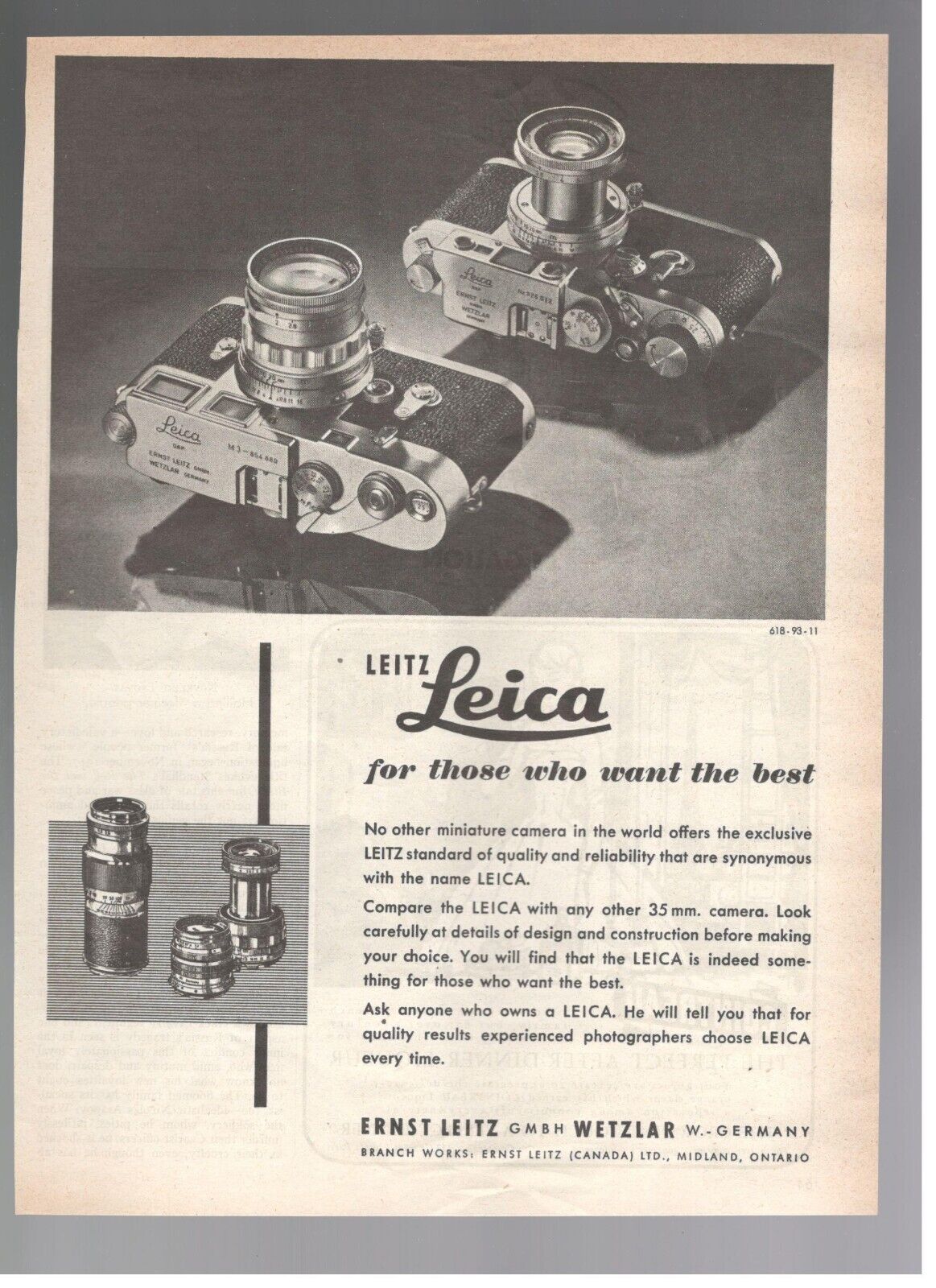 Leica Leitz M3 1 3/8in Machine Camera 1957 Advertising 1 Page Original