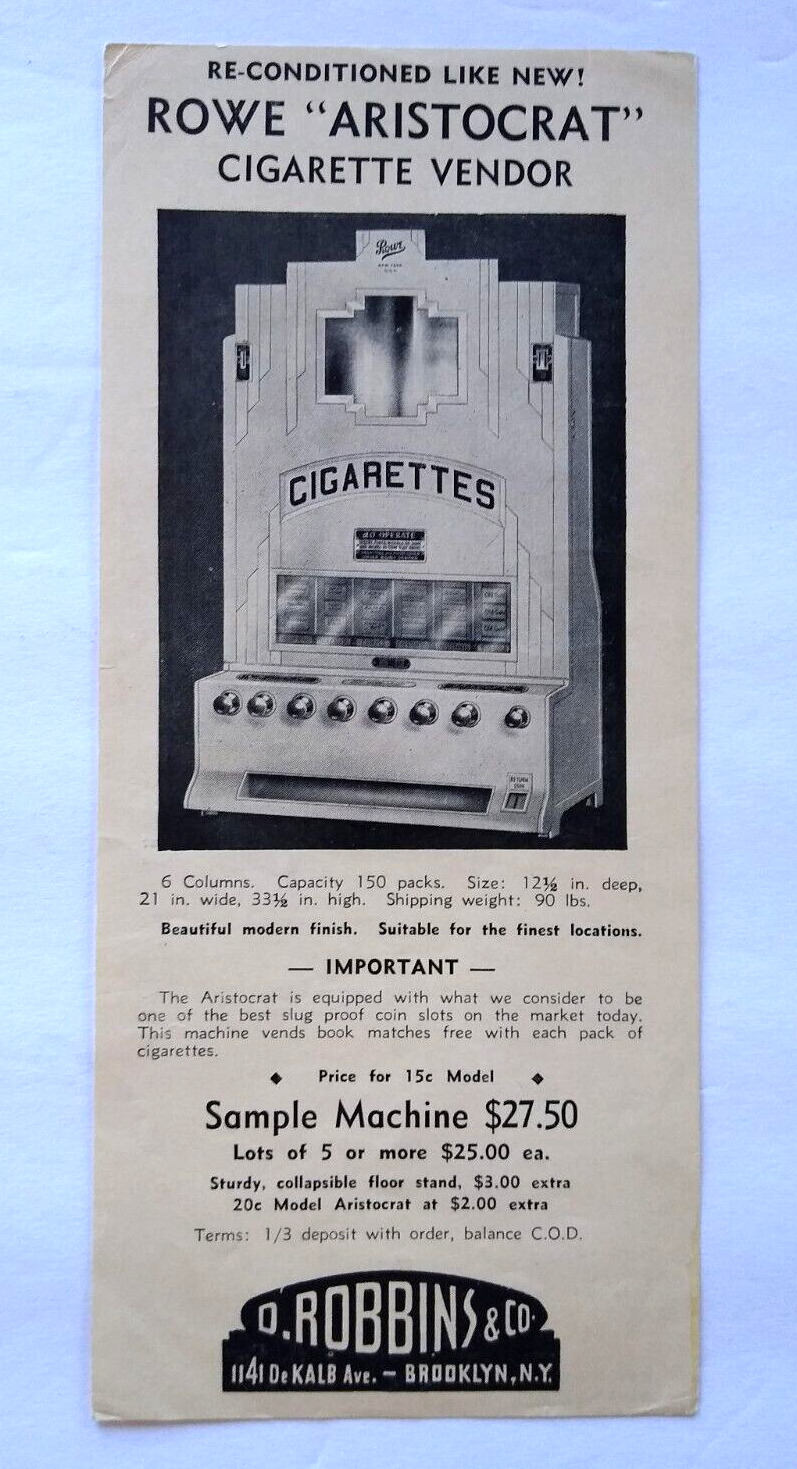 Rowe Aristocrat Cigarette Vending Flyer Gum Mint Vendor On Back 1930\'s Vintage