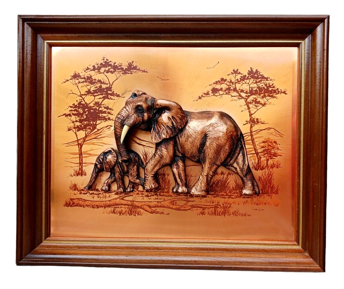 VTG 1970\'s Signed JOHN LOUW 3D Copper Wall Art Hanging Elephant & Baby w/ Tusks