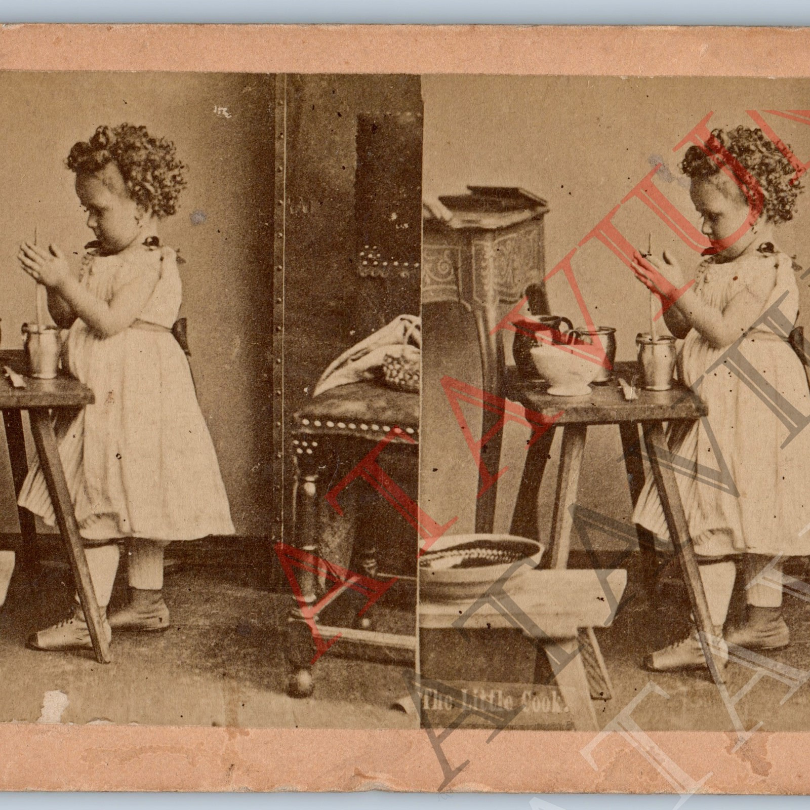 c1890s Adorable Little Girl Cook Tea Real Photo Stereoview Child Curly Hair V43