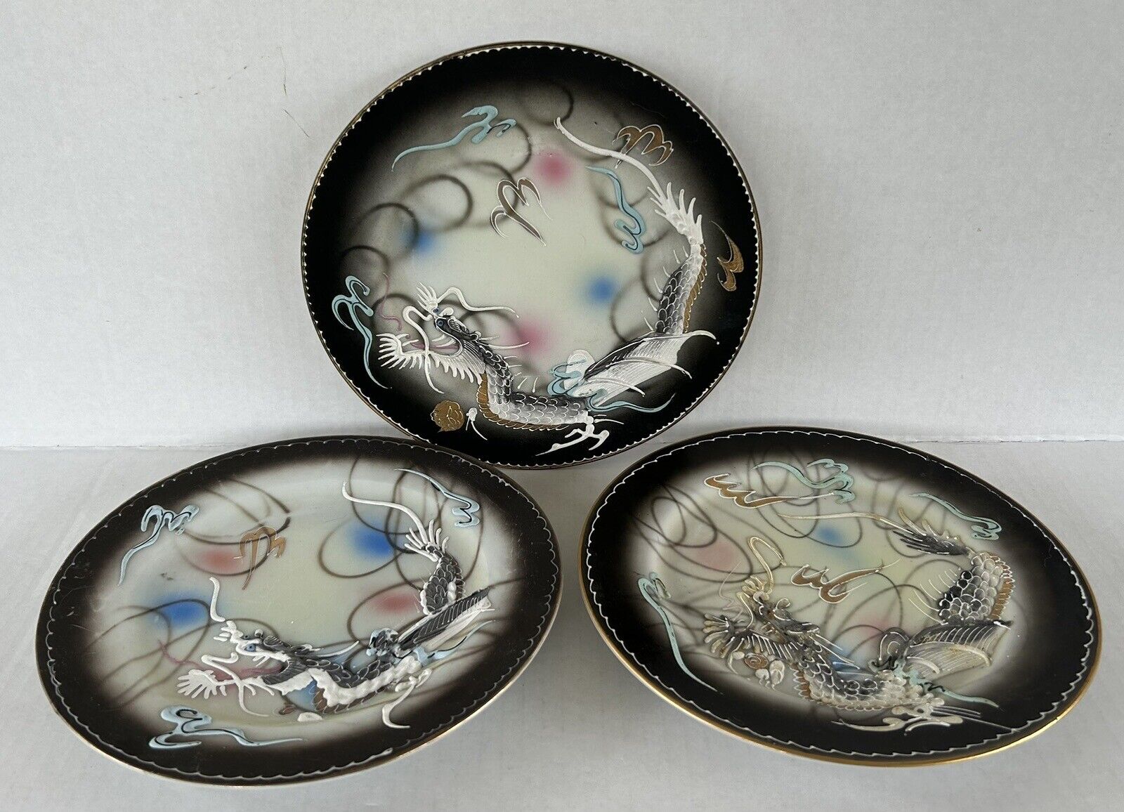 Vintage Moriage Dragonware Plates (3) Hand Painted Nippon Dragon Pottery Japan