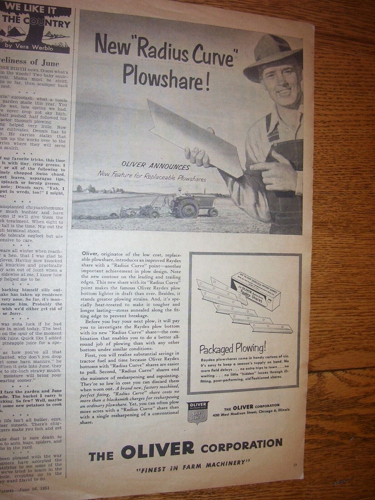 VINTAGE  OLIVER CORP ADVERTISING PAGE -RAYDEX PLOW SHARES - 1951