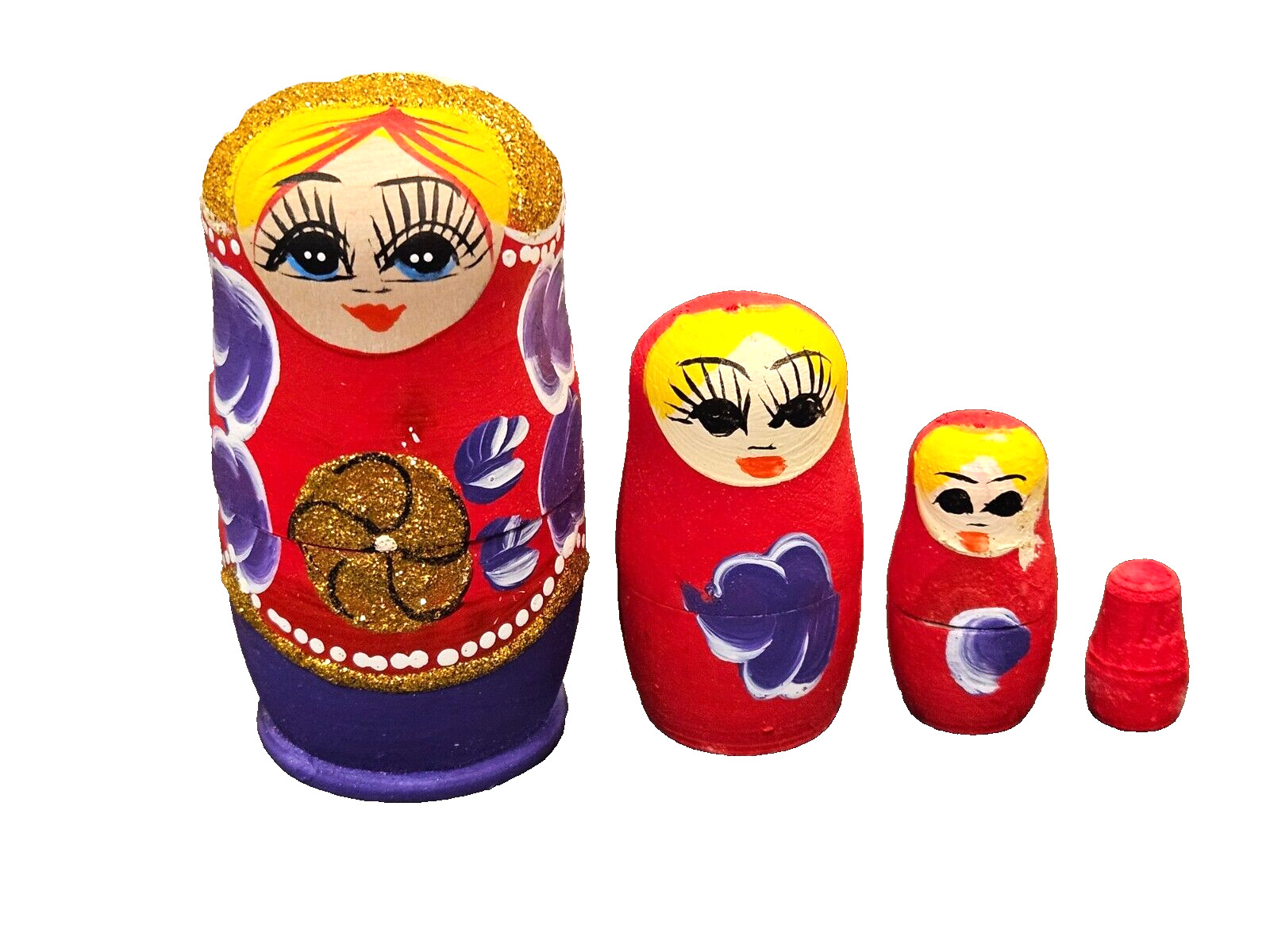 Set of 4 Russian Nesting Wood Dolls Purple Red Gold Vibrant Colors