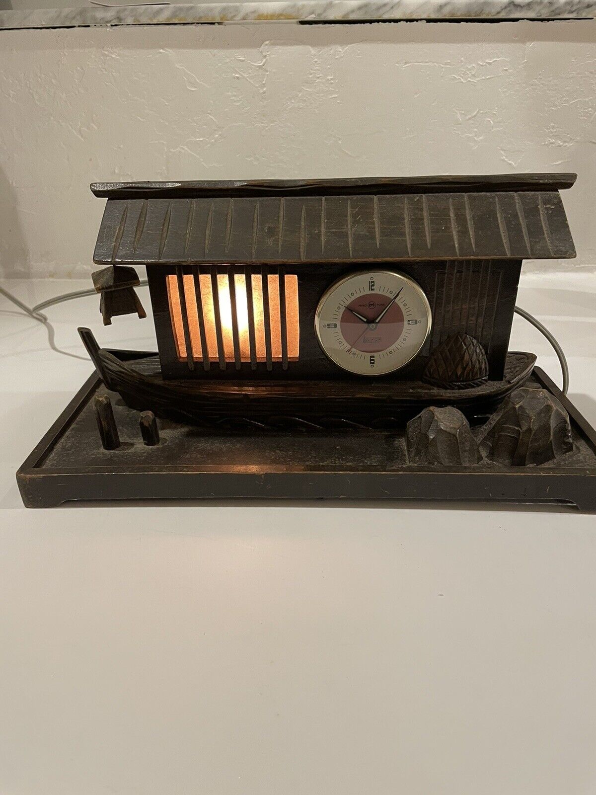 Rare Vintage Meiko Tokei Noah's Ark Musical Windup Wood Clock with Light Japan