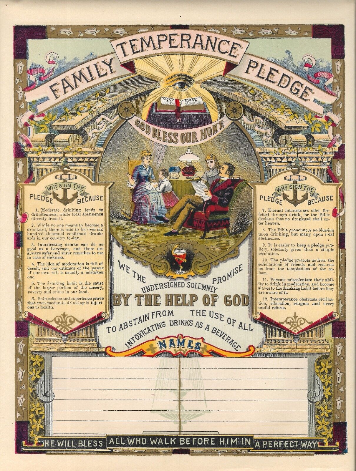 Original 19th Century Colorized Lithograph Family Pledge Not To Drink Alcohol AA
