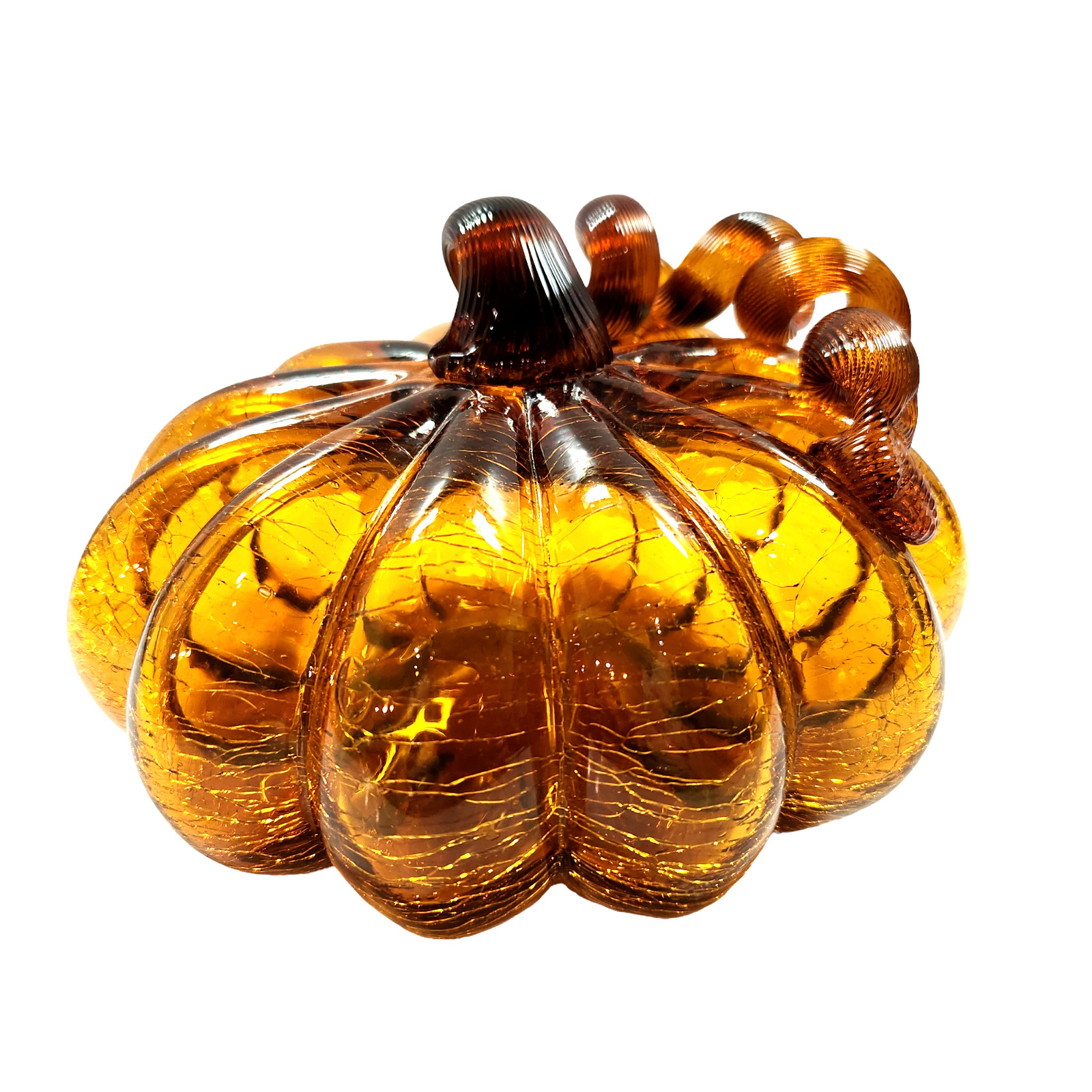 Amber Crackle Glass Pumpkin with Curly Stem 7 Inch Diameter