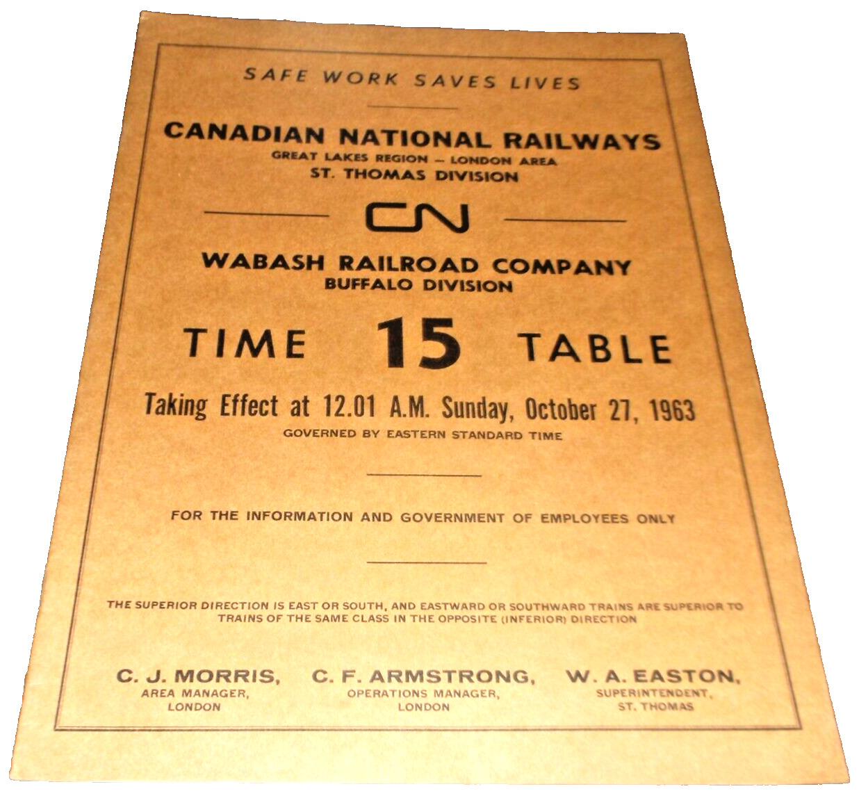 OCTOBER 1963 WABASH RAILROAD COMPANY BUFFALO DIVISION CN EMPLOYEE TIMETABLE #15