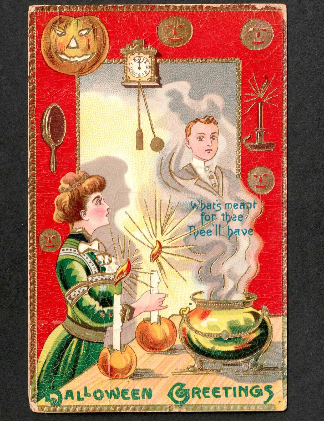 Halloween Greetings 1911 Midnight Ghost Lover Cauldron Steamy Man Lady PostCard