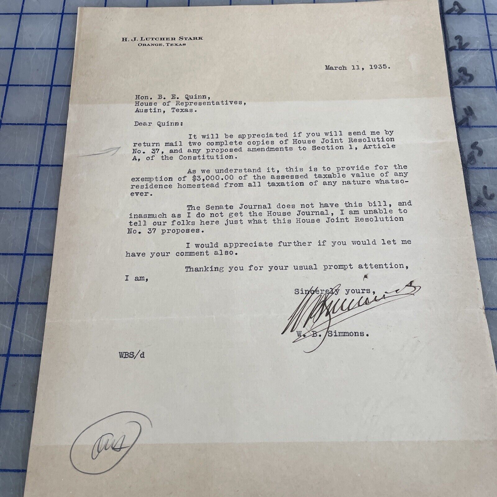 Vintage Letter H. J. Lutcher Stark Orange Texas Signed W. B. Simmons 1935