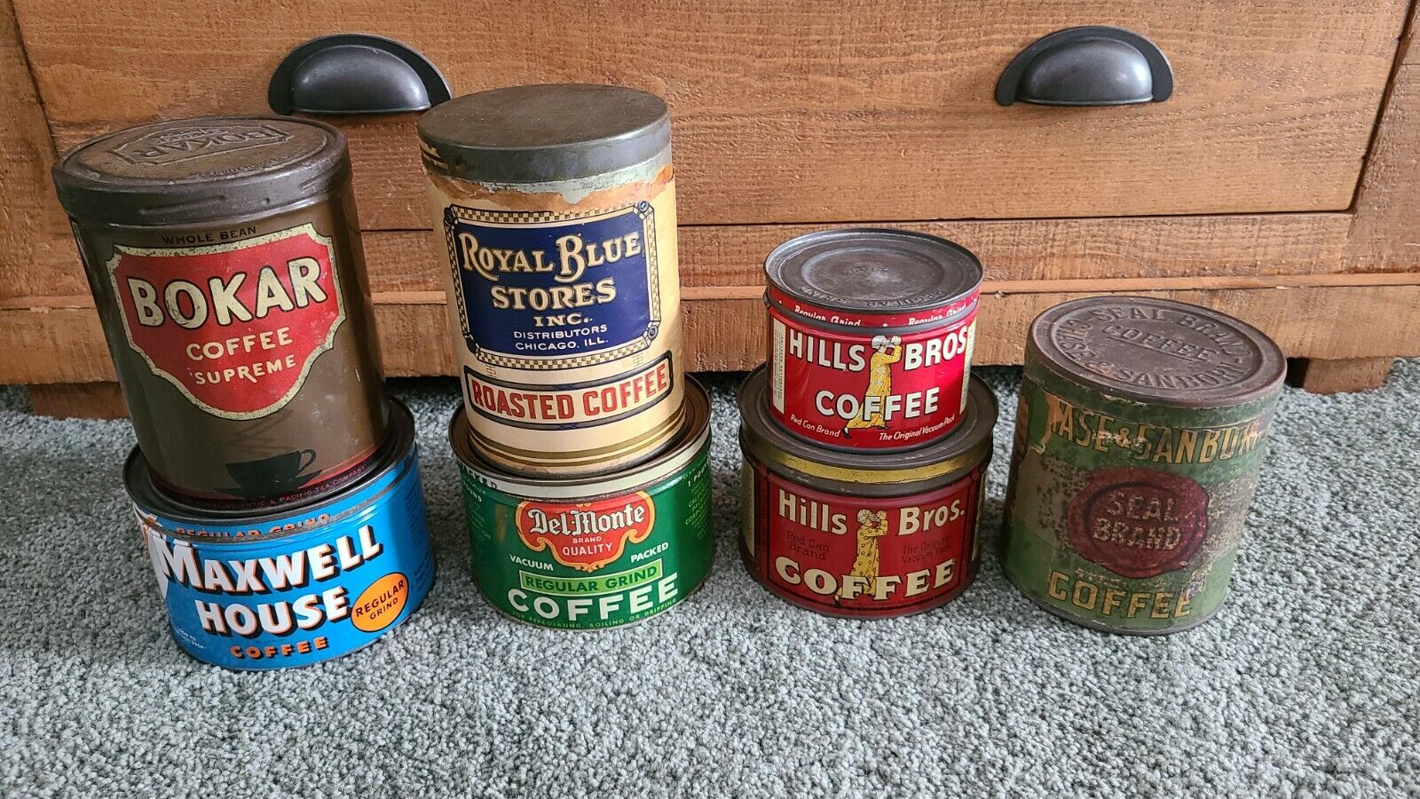 Vintage Coffee Tins, Lot Of 7. Inc- Hills Bros, Maxwell House, and Del Monte tin