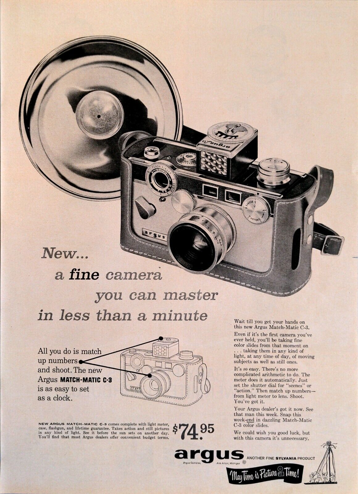 1958 Argus Camera Match-Matic C-3 Light Meter Flashgun Case Vintage Print Ad