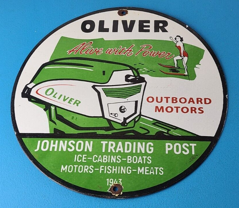Vintage Oliver Outboards Porcelain Sign - Boat Motor Gas Engines Pump Sign