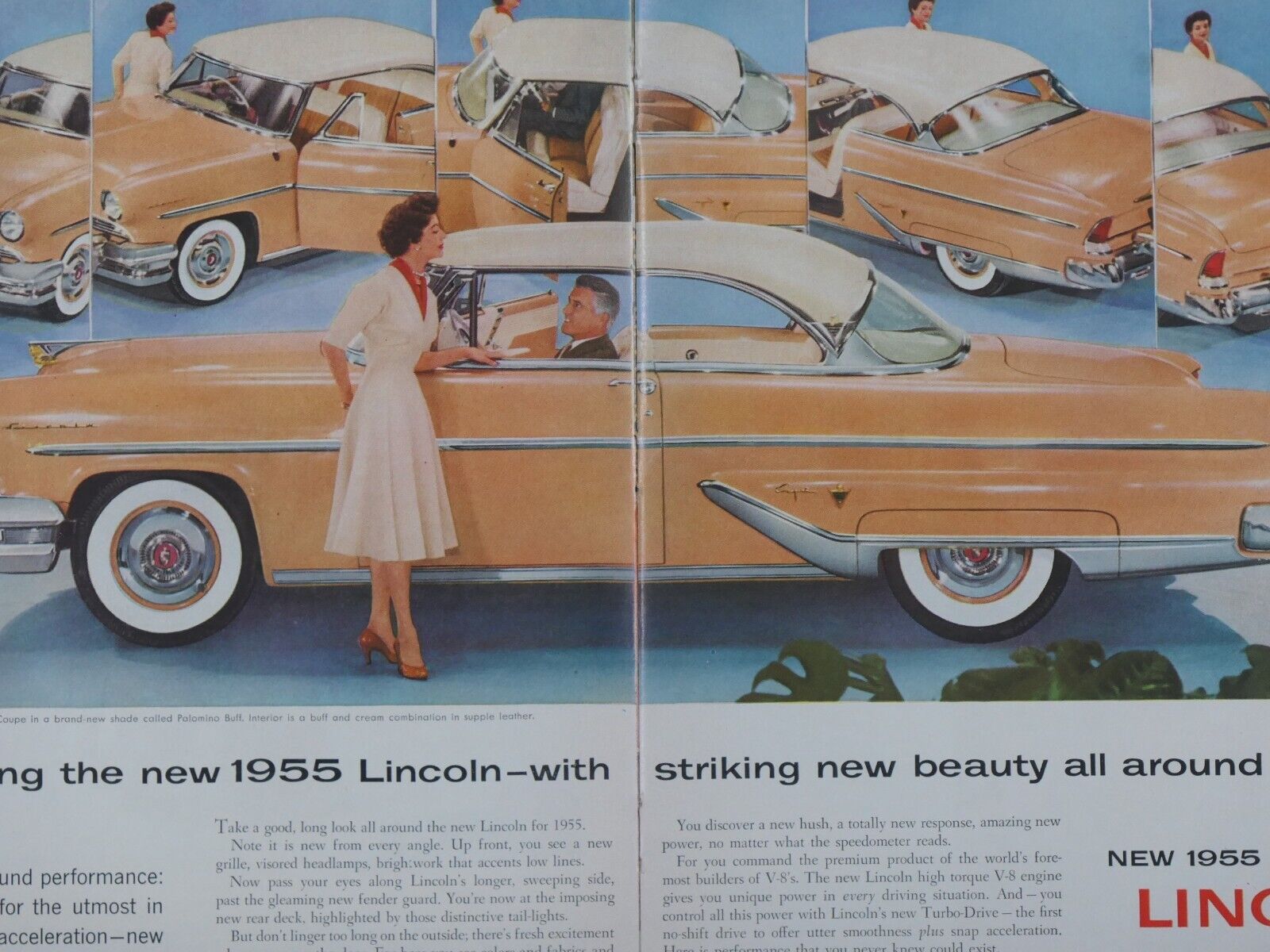 1955 Lincoln Capri Sport Palomino Buff Pink? Vintage Original Print Ad 2 Page