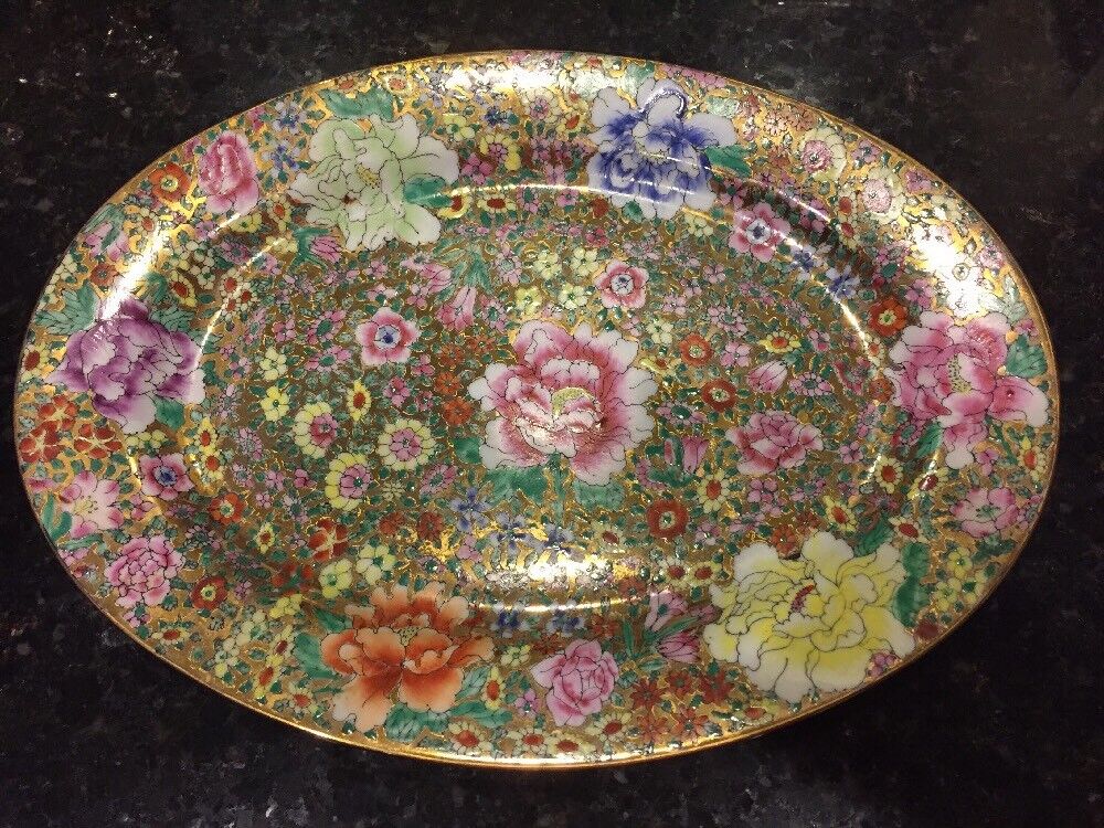 BEAUTIFUL Oriental Porcelain GOLD FLORAL 8 Serving Set w Platter HAND PAINTED