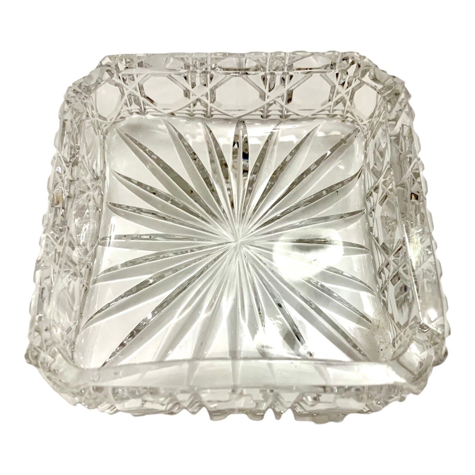Vintage Square Heavy Crystal Glass Diamond Cut Ashtray  4” Star Pattern Trinket