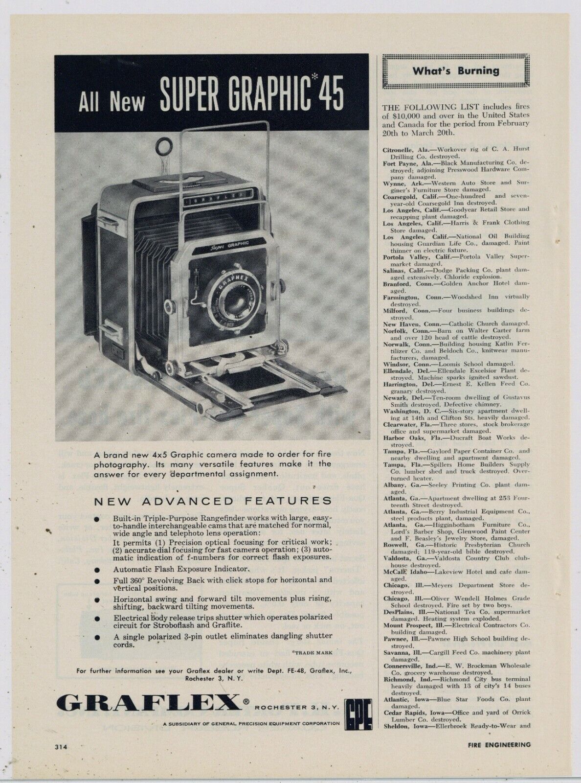 1958 Graflex Cameras Ad: Graphex - Super Graphic 45 Model Pictured
