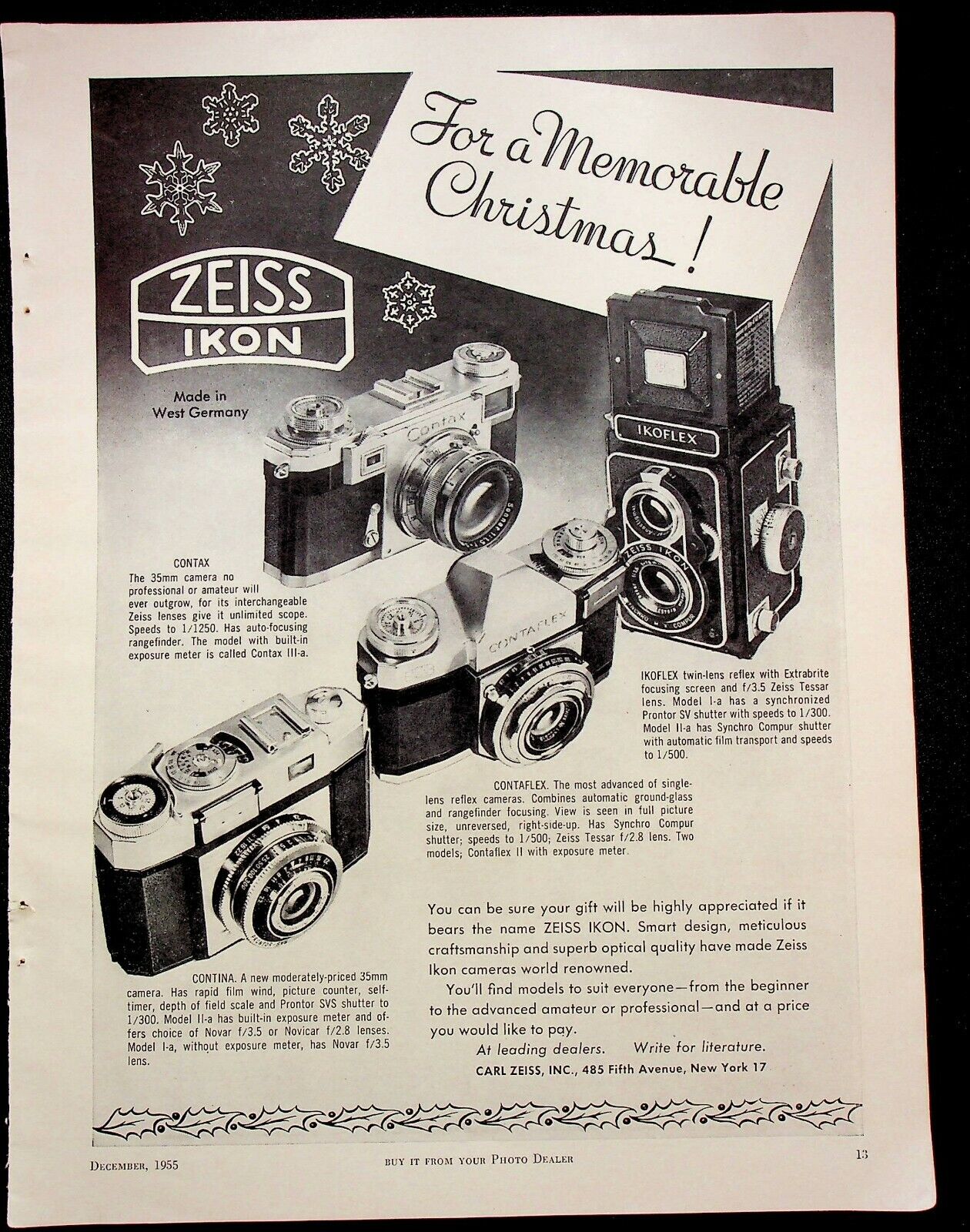 Vintage 1955 Zeiss Iron Camera Ikiflex Contax Geman Made Print Ad 