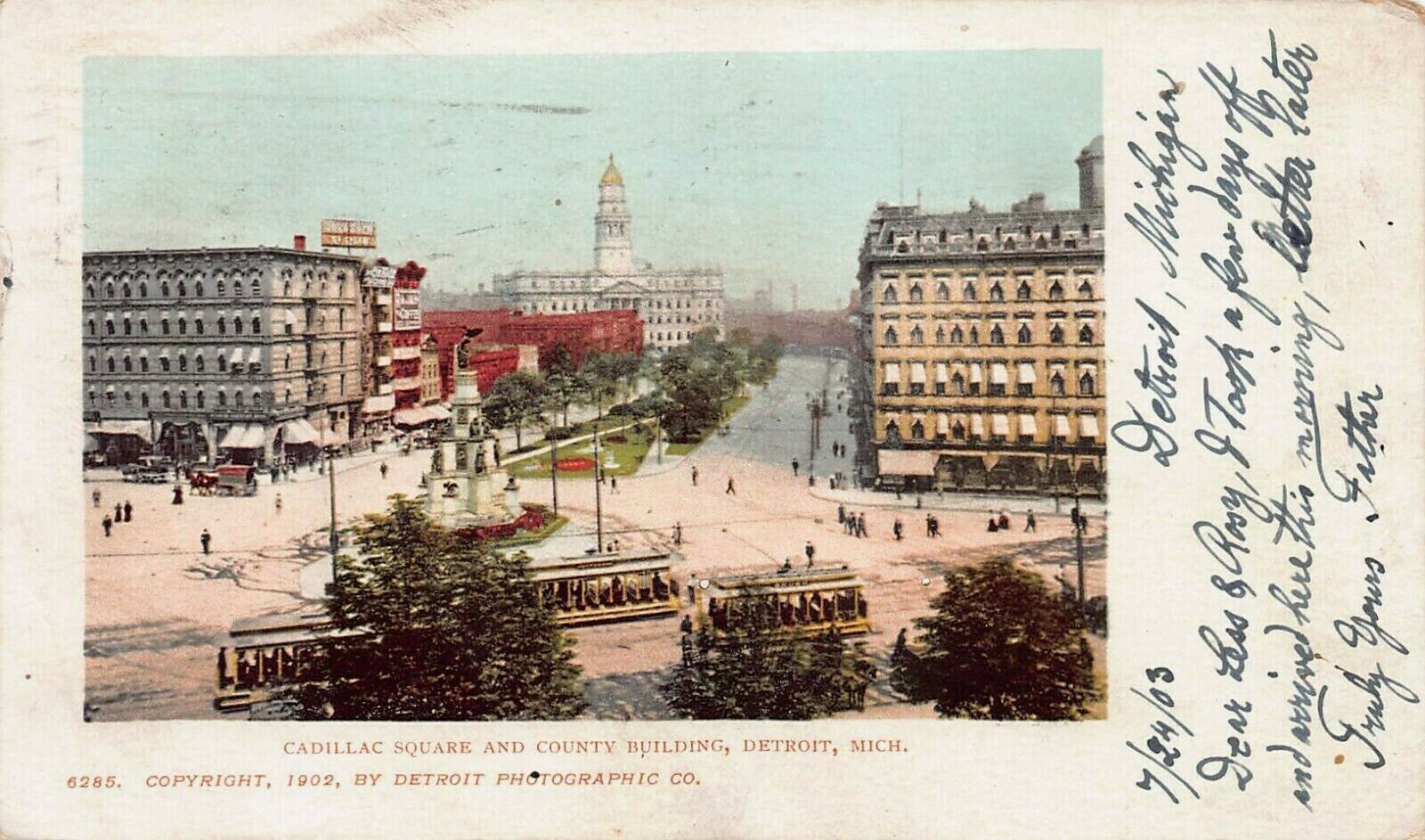 Cadillac Square, Detroit, Michigan,1902 Postcard, Detroit Photographic Co.