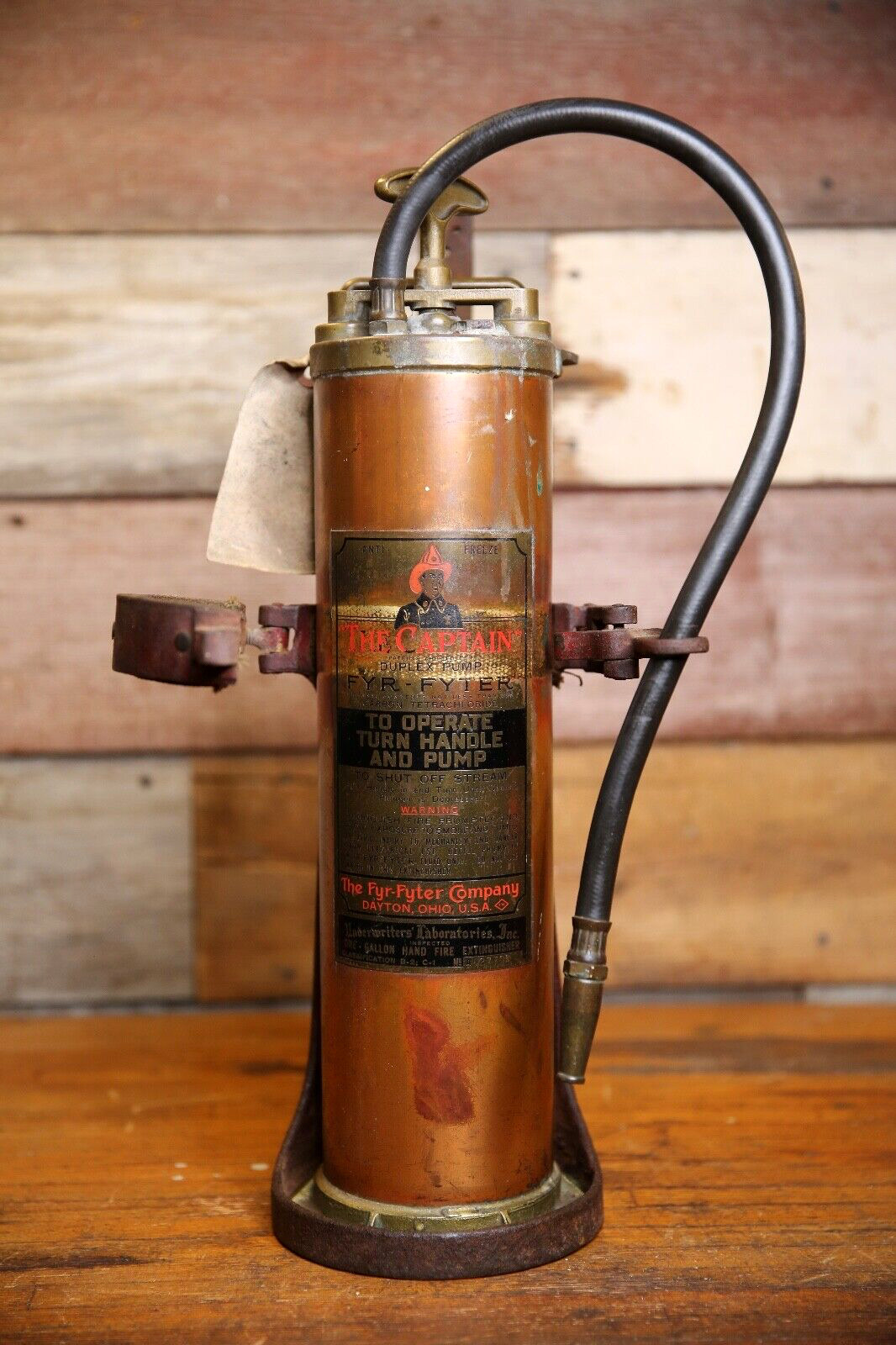 Vintage FYR FYTER copper brass Fire Extinguisher w/ Wall Bracket Captain EMPTY