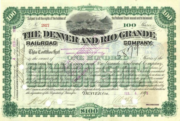 Denver and Rio Grande Railroad Co. - Gorgeous Stock Certificate - Railroad Stock