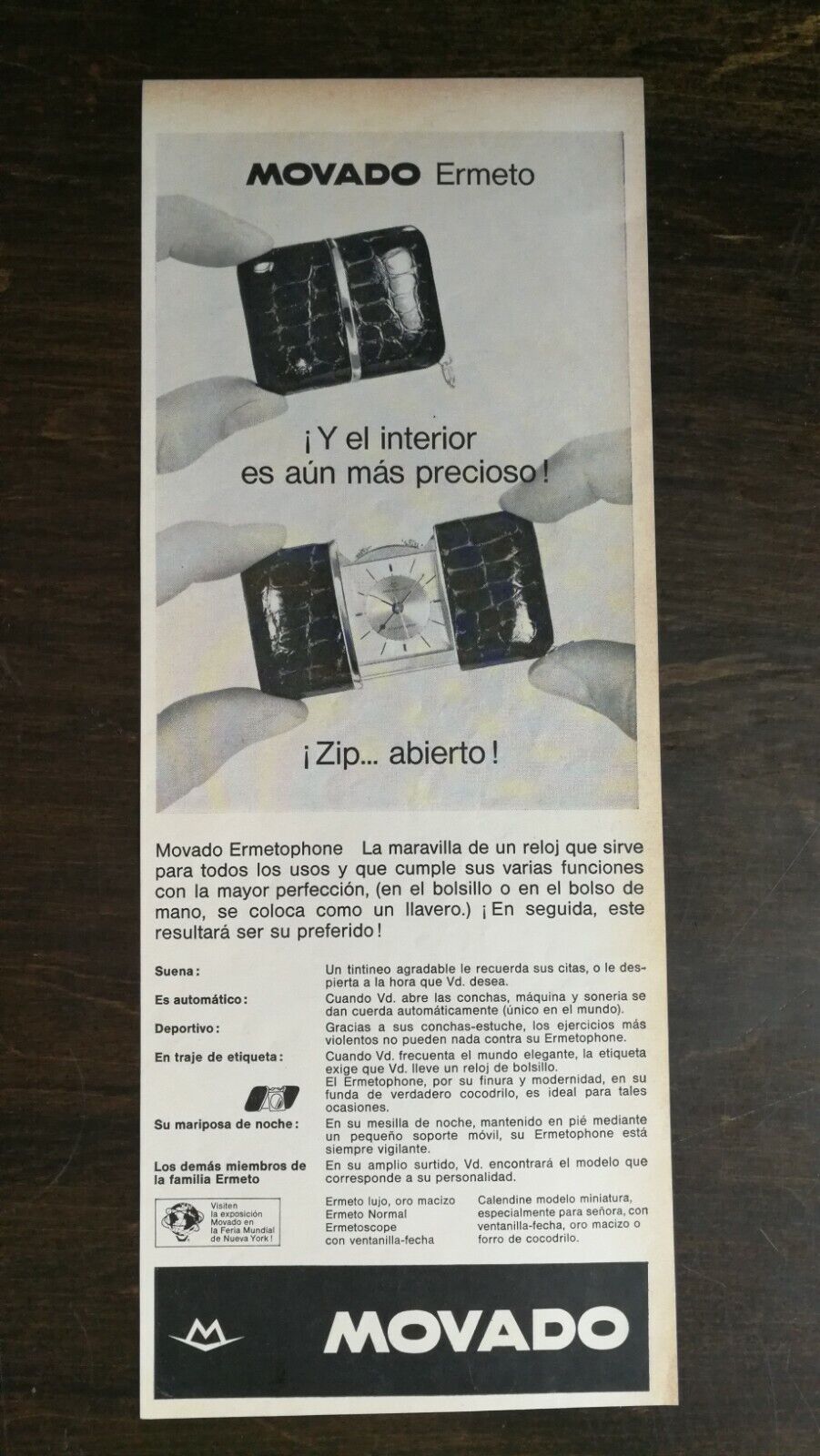 Vintage 1965 Movado Ermetophone Ermeto Watch Spanish Espanol Original Ad - 721
