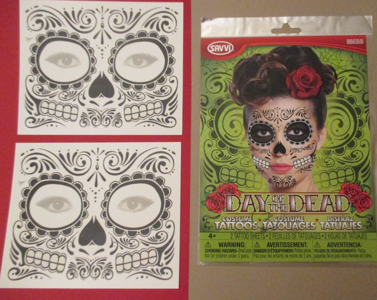Pack of 2 - Halloween FACE Temporary Tattoos DAY of the DEAD Sugar SKULL Teeth